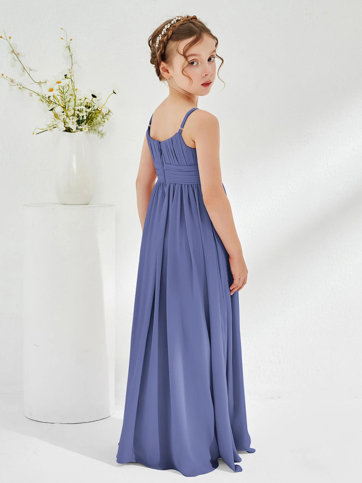 Quadratisch Plissee A-Linie Chiffon Junge Brautjungfernkleider Periwinkleblau - Image 2