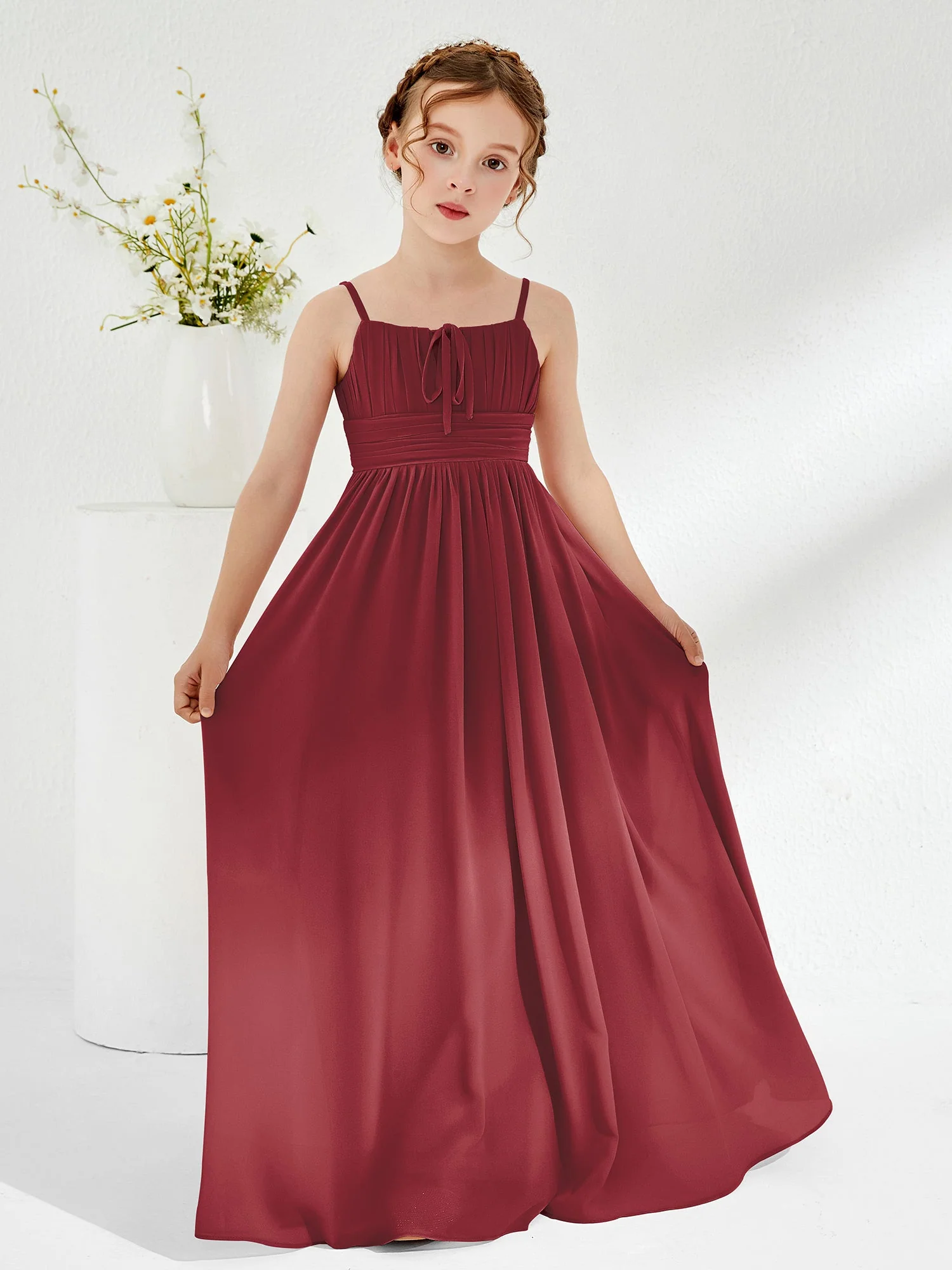 Quadratisch Plissee A-Linie Chiffon Junge Brautjungfernkleider Zimtrose