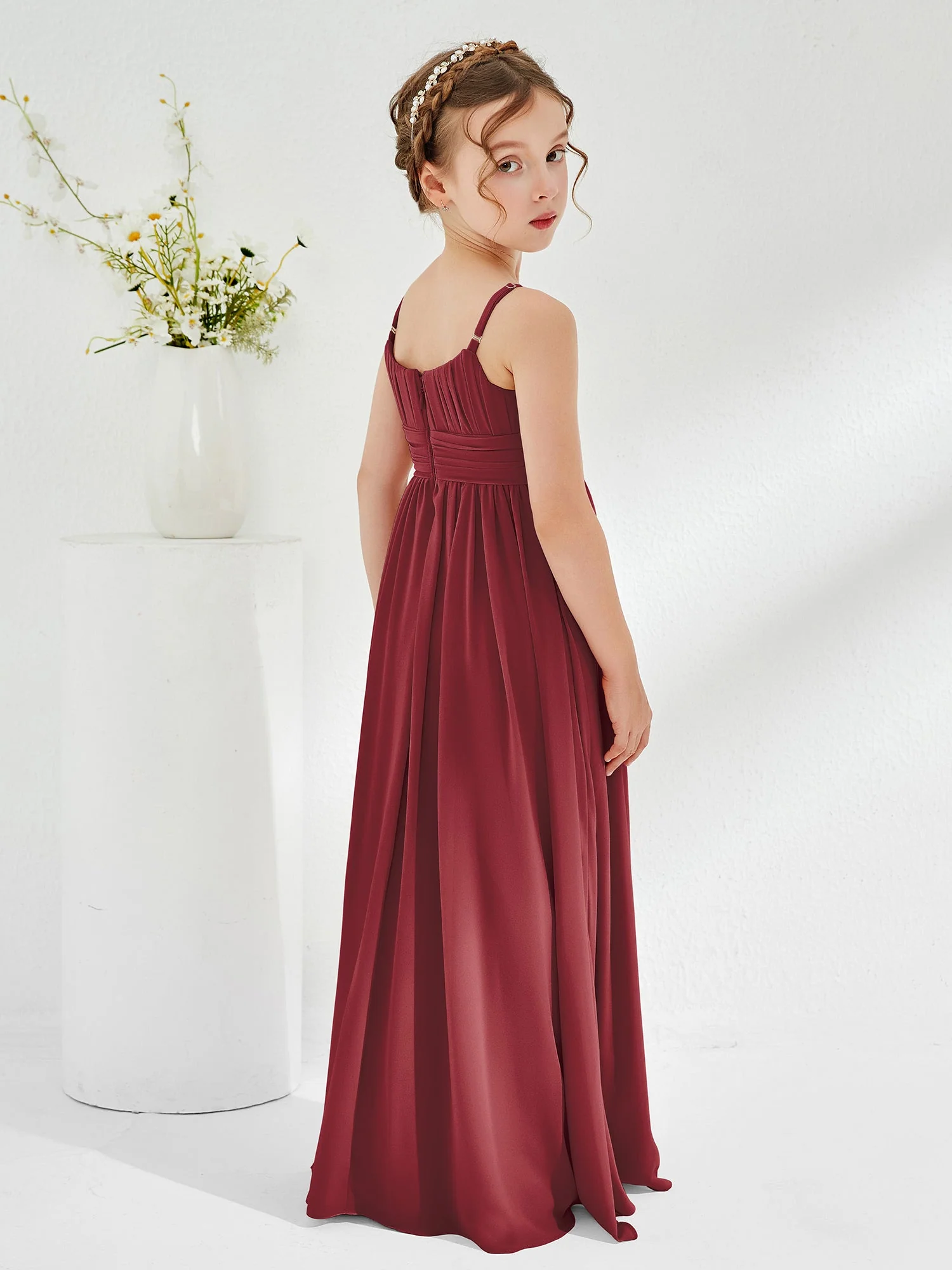 Quadratisch Plissee A-Linie Chiffon Junge Brautjungfernkleider Zimtrose - Image 2