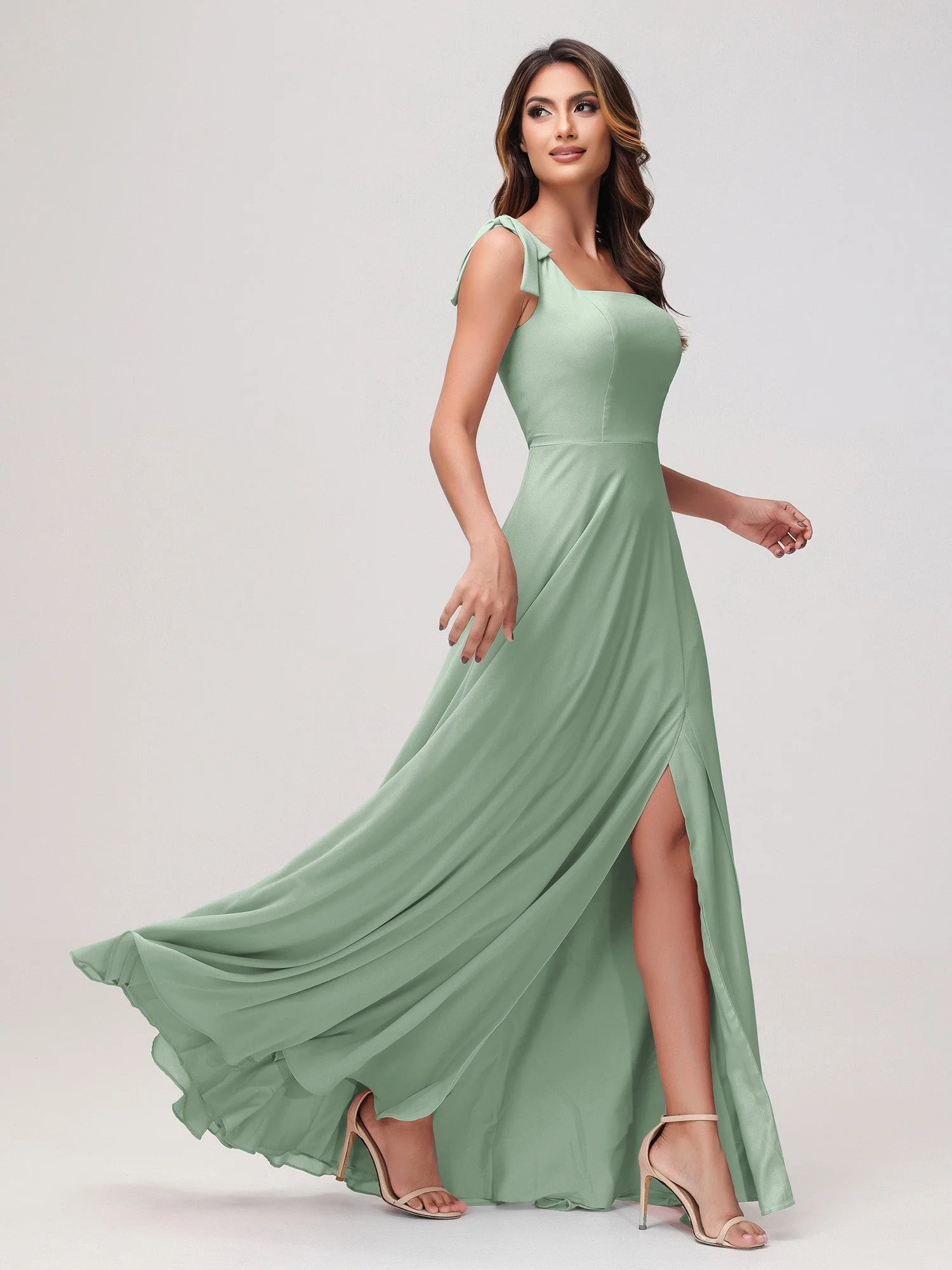 Quadratischer Ausschnitt Ärmellos Bodenlang Chiffon Kleid Agavengrün - Image 3