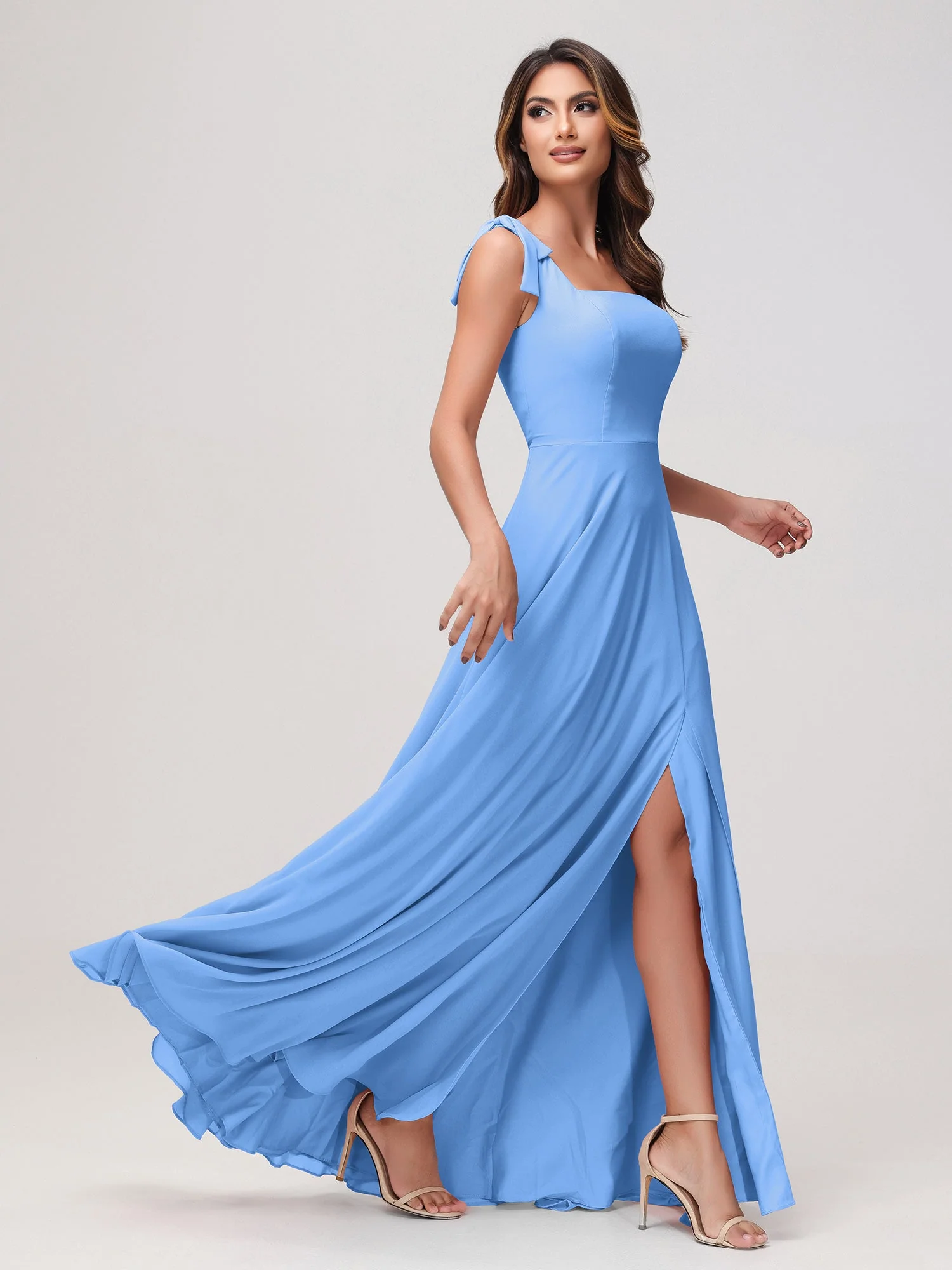 Quadratischer Ausschnitt Ärmellos Bodenlang Chiffon Kleid Blau - Image 3