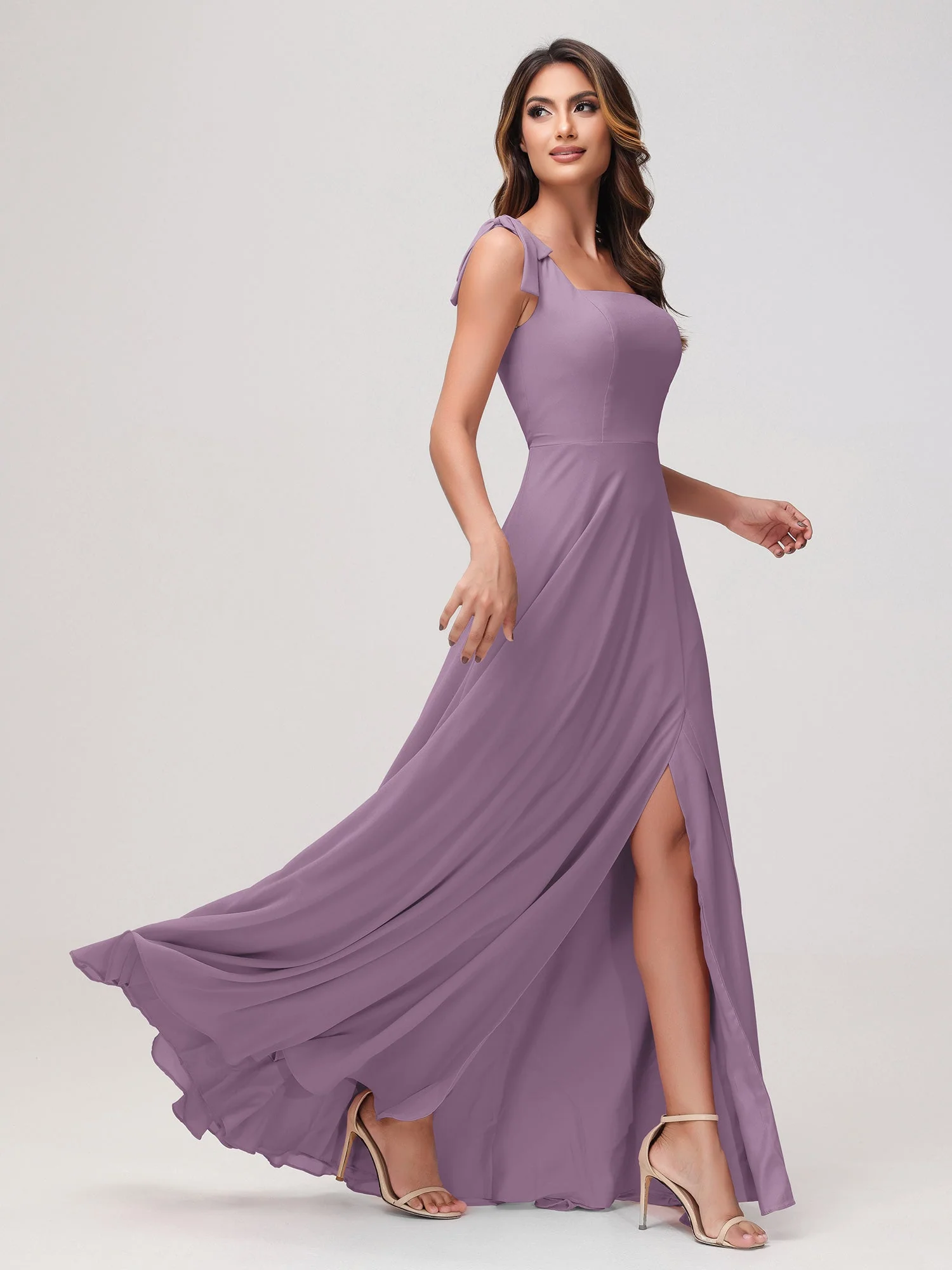 Quadratischer Ausschnitt Ärmellos Bodenlang Chiffon Kleid Blauregen - Image 3