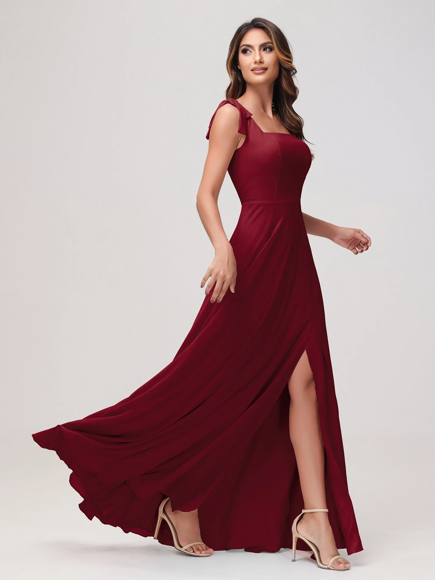 Quadratischer Ausschnitt Ärmellos Bodenlang Chiffon Kleid Burgunderrot - Image 3