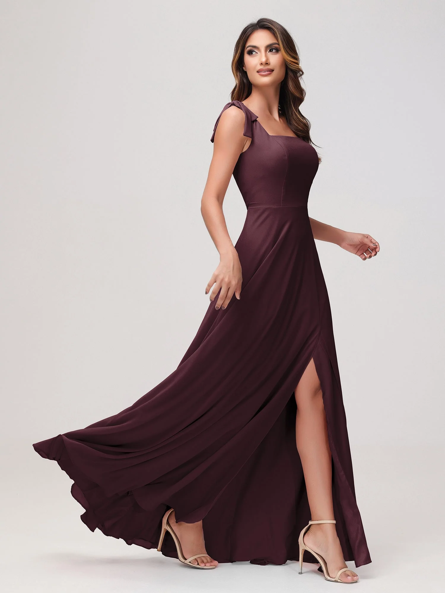 Quadratischer Ausschnitt Ärmellos Bodenlang Chiffon Kleid Cabernet - Image 3
