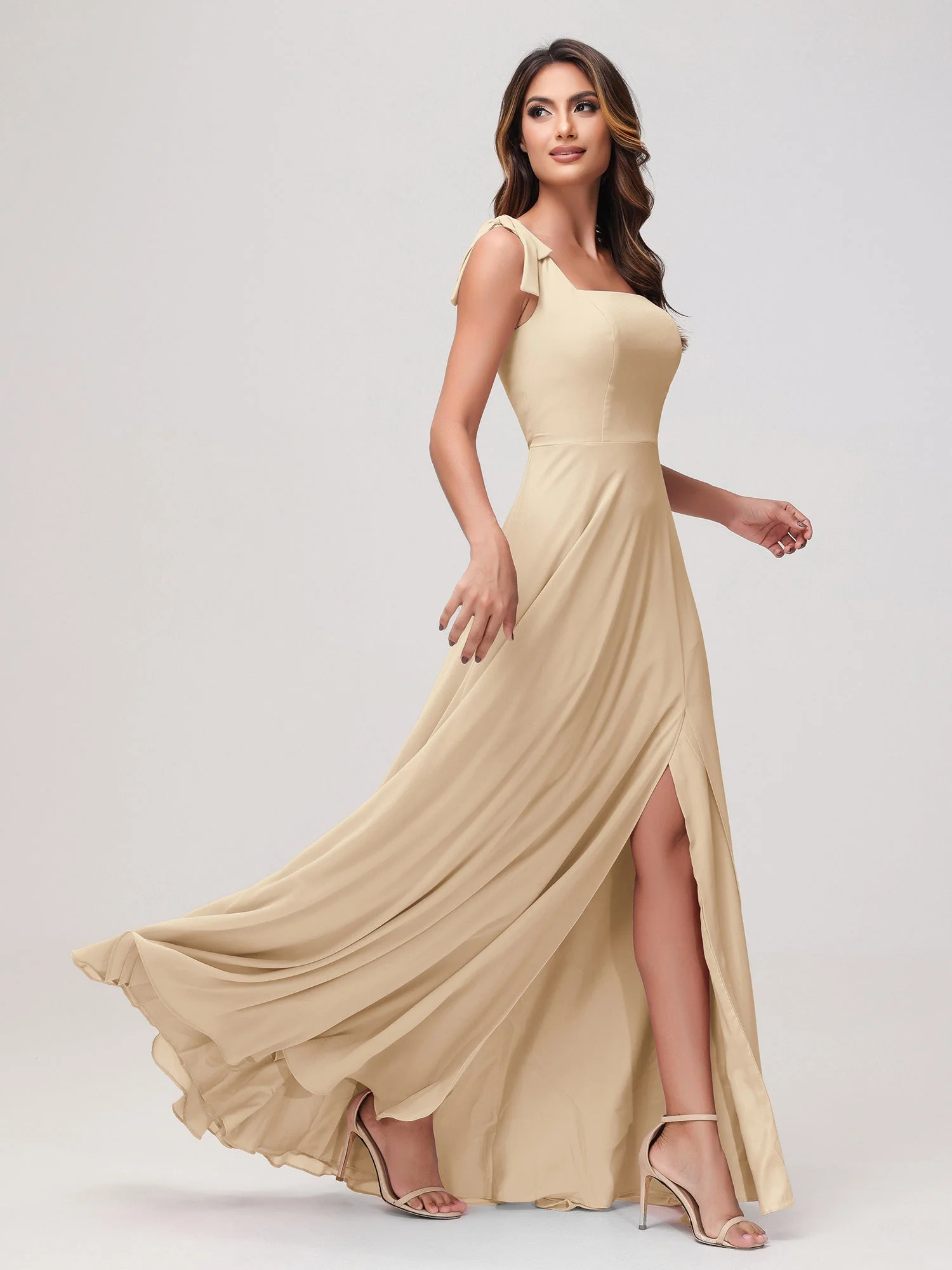 Quadratischer Ausschnitt Ärmellos Bodenlang Chiffon Kleid Champagner - Image 3