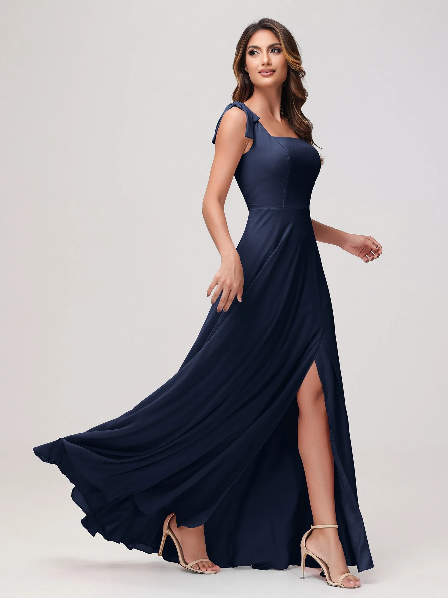 Quadratischer Ausschnitt Ärmellos Bodenlang Chiffon Kleid Dunkelmarine - Image 3