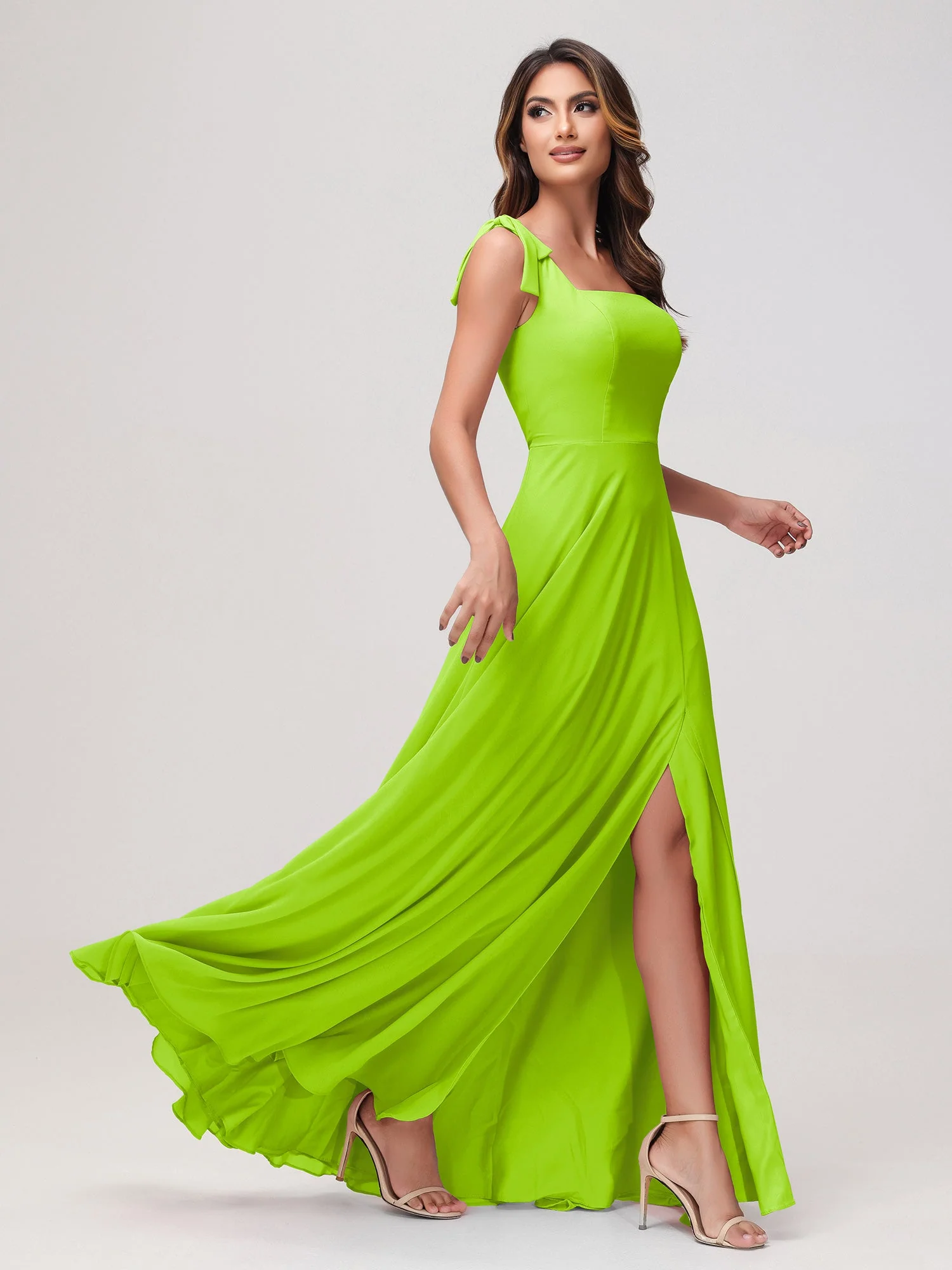 Quadratischer Ausschnitt Ärmellos Bodenlang Chiffon Kleid Lindgrün - Image 3