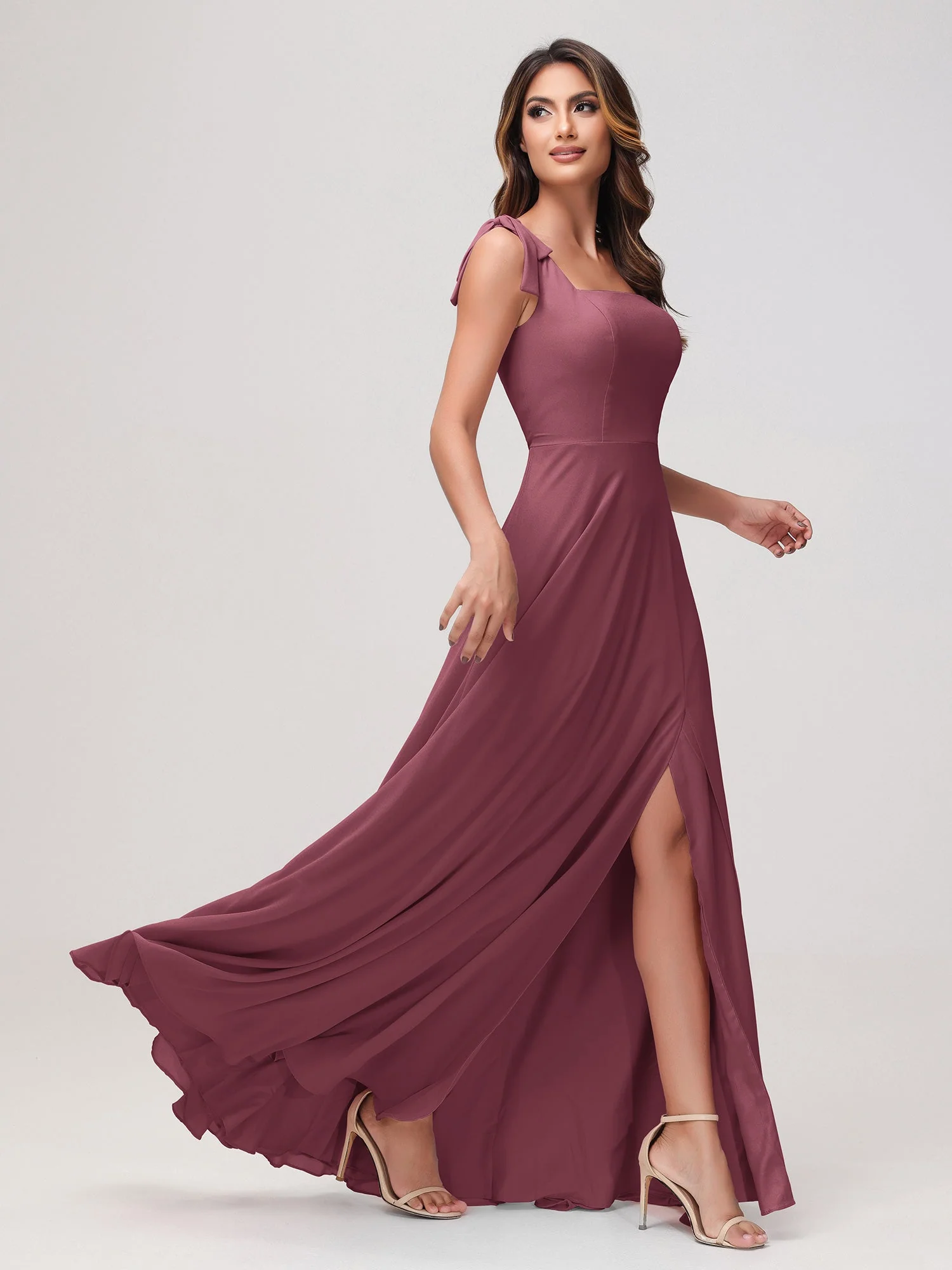 Quadratischer Ausschnitt Ärmellos Bodenlang Chiffon Kleid Maulbeere - Image 3