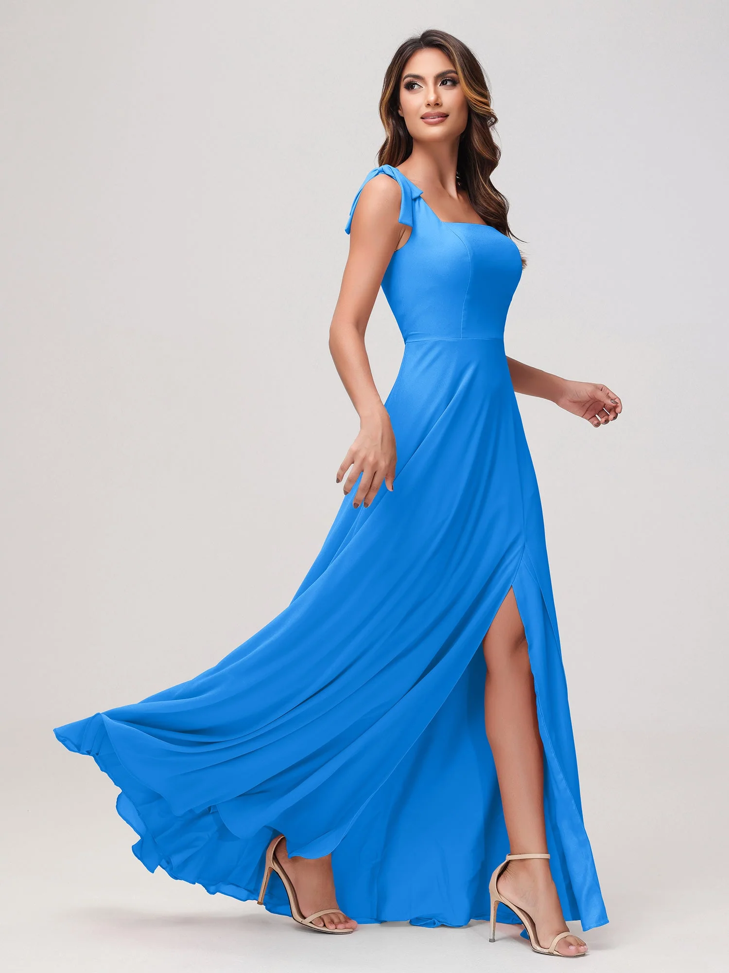 Quadratischer Ausschnitt Ärmellos Bodenlang Chiffon Kleid Meerblau - Image 3