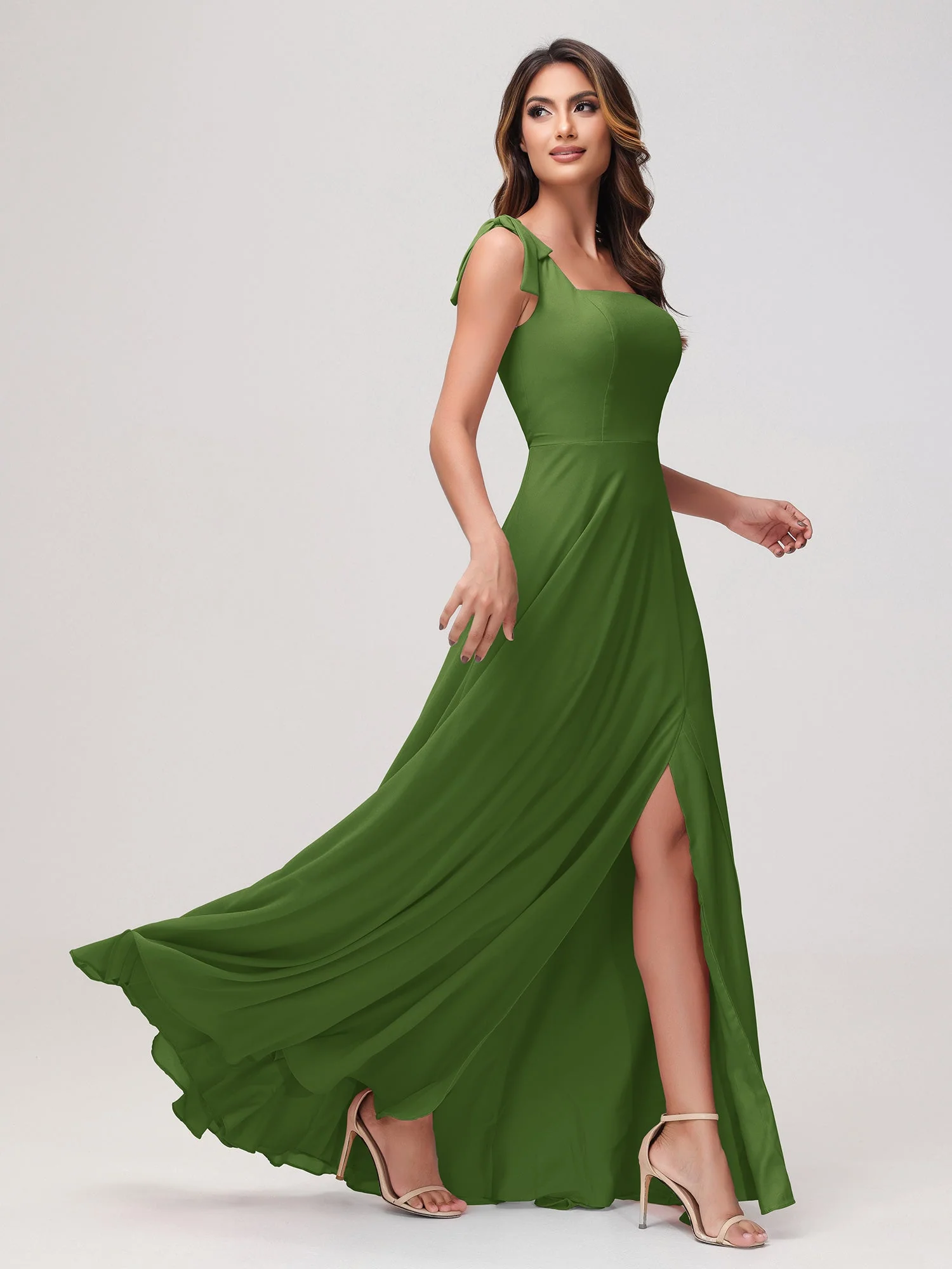 Quadratischer Ausschnitt Ärmellos Bodenlang Chiffon Kleid Moos - Image 3