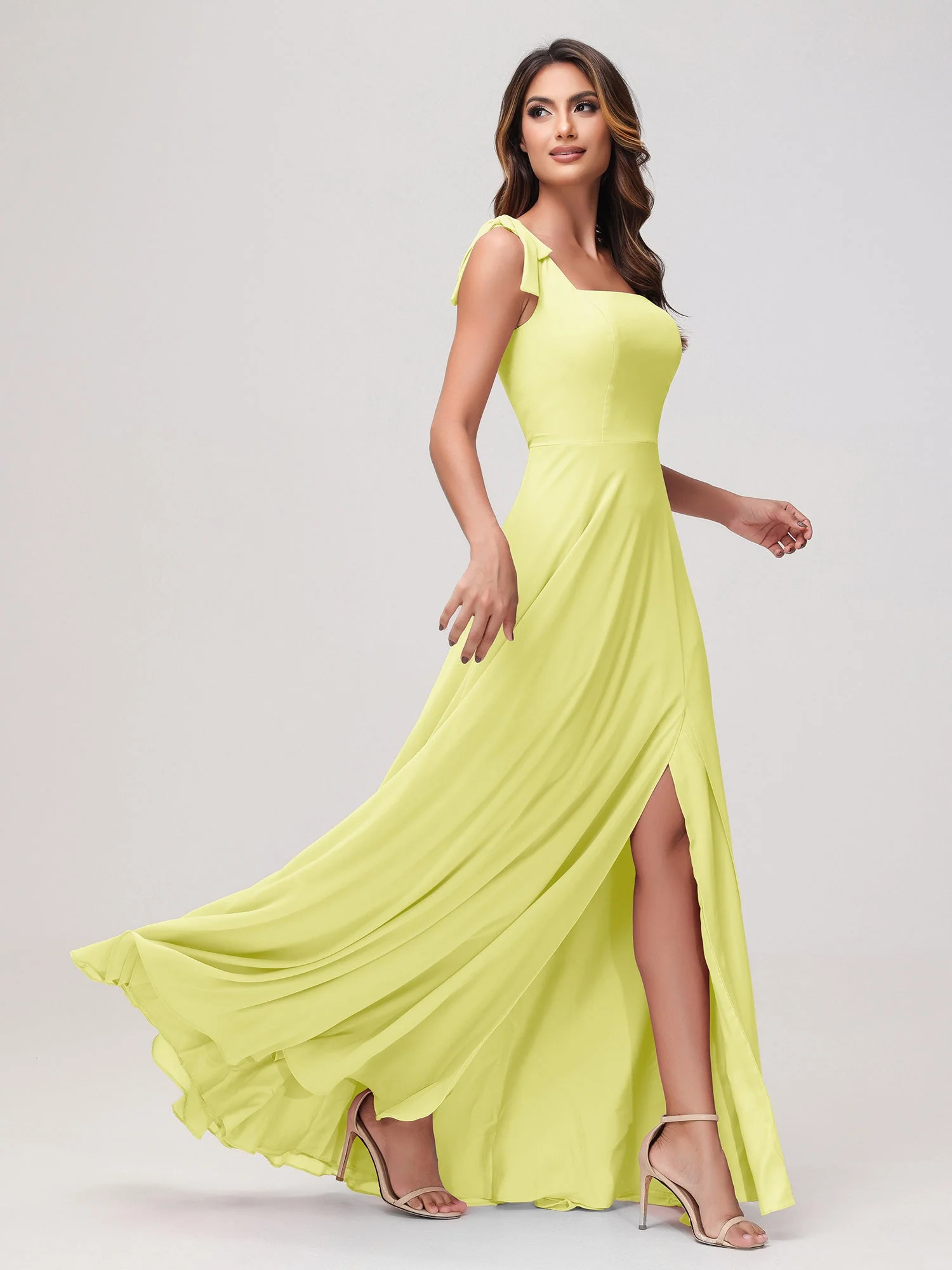 Quadratischer Ausschnitt Ärmellos Bodenlang Chiffon Kleid Narzisse - Image 3