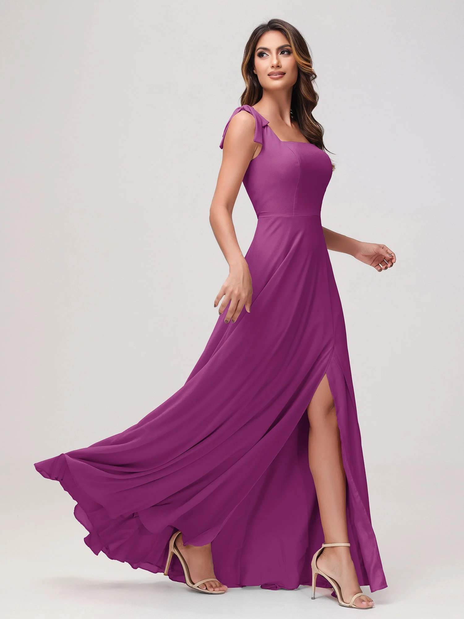 Quadratischer Ausschnitt Ärmellos Bodenlang Chiffon Kleid Orchidee - Image 3