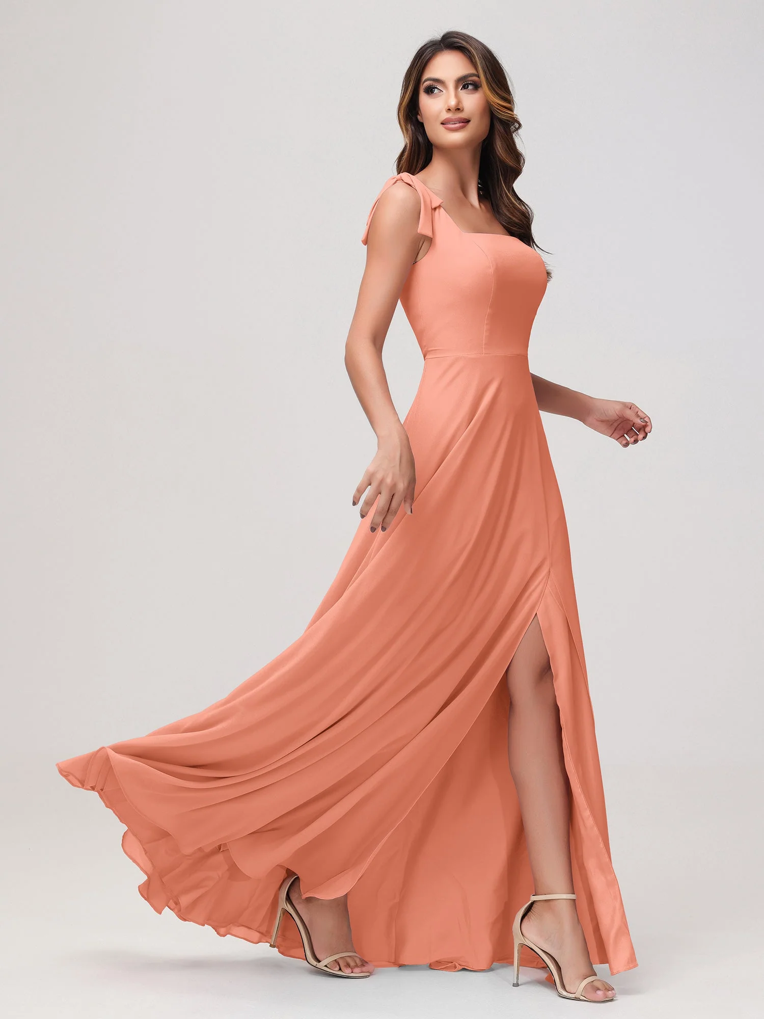 Quadratischer Ausschnitt Ärmellos Bodenlang Chiffon Kleid Papaya - Image 3