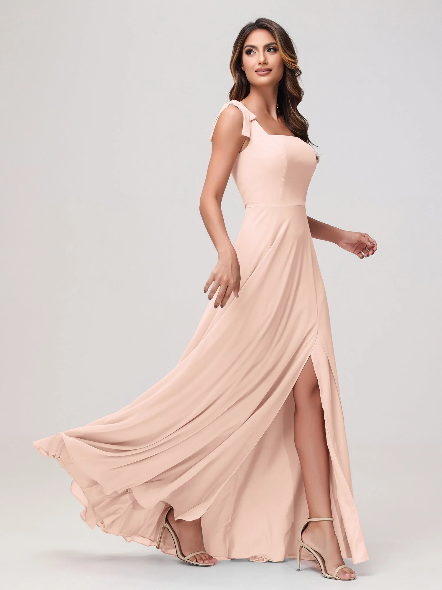 Quadratischer Ausschnitt Ärmellos Bodenlang Chiffon Kleid Perlrosa - Image 3