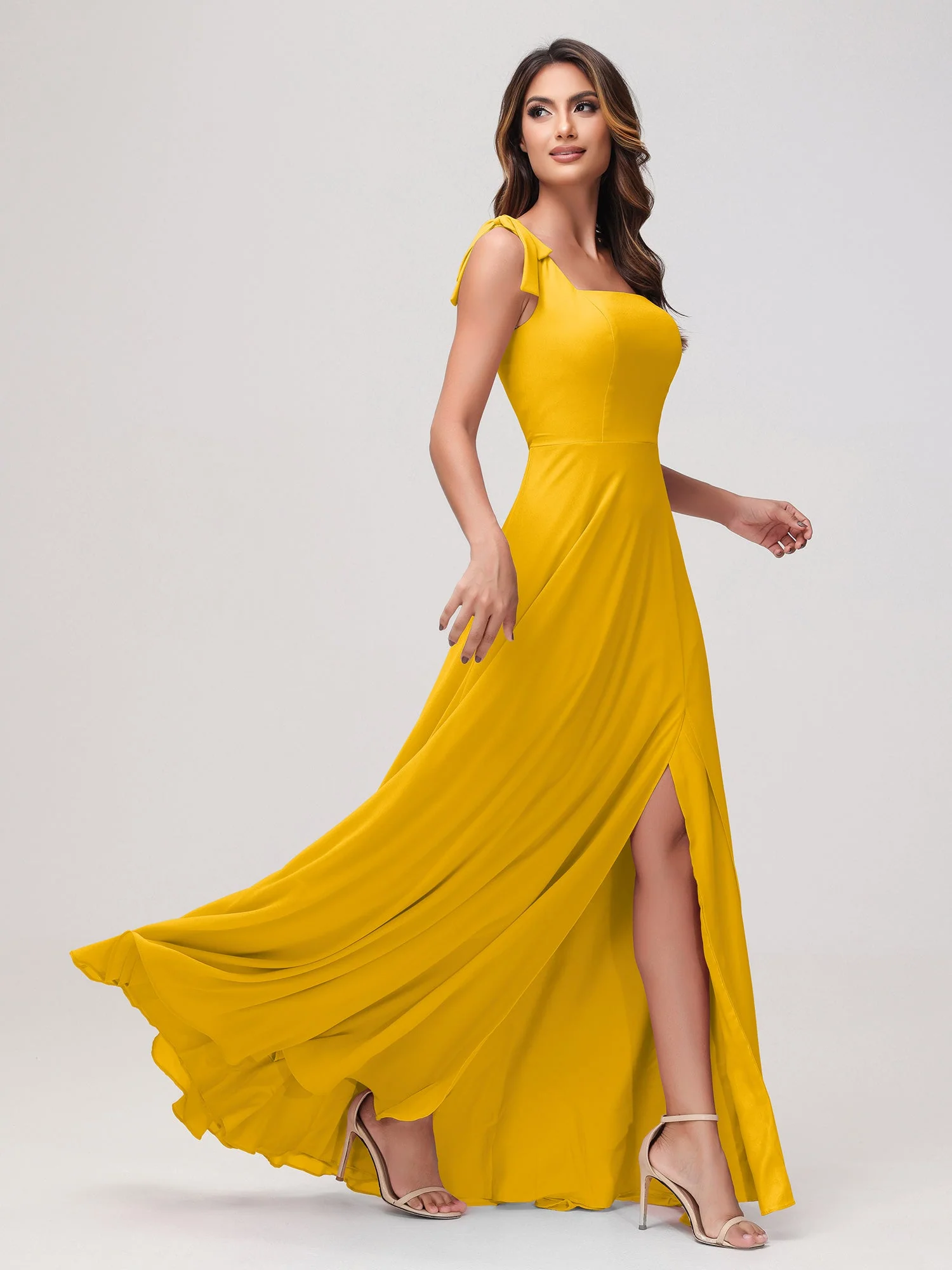 Quadratischer Ausschnitt Ärmellos Bodenlang Chiffon Kleid Ringelblume - Image 3