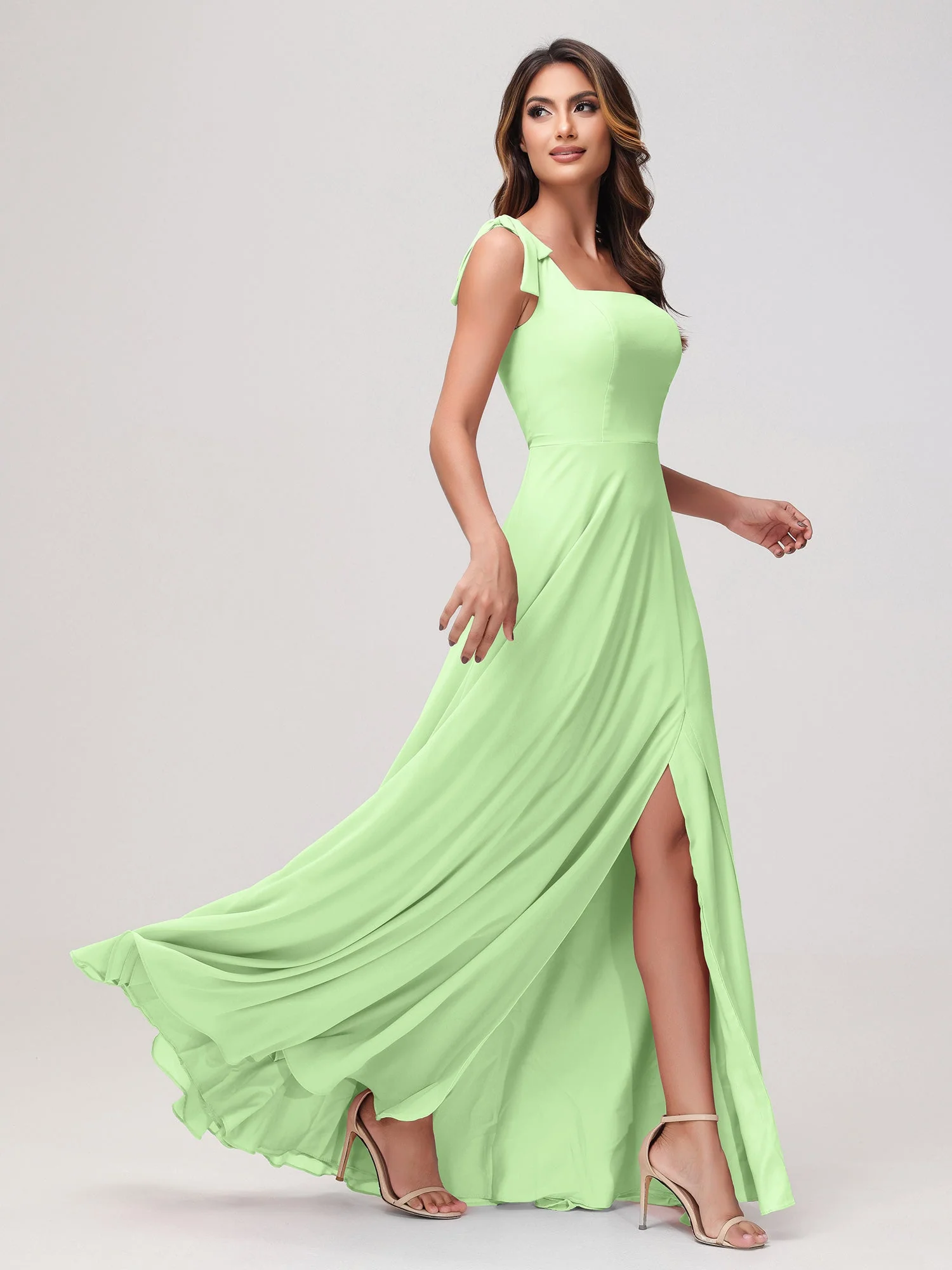 Quadratischer Ausschnitt Ärmellos Bodenlang Chiffon Kleid Salbei - Image 3