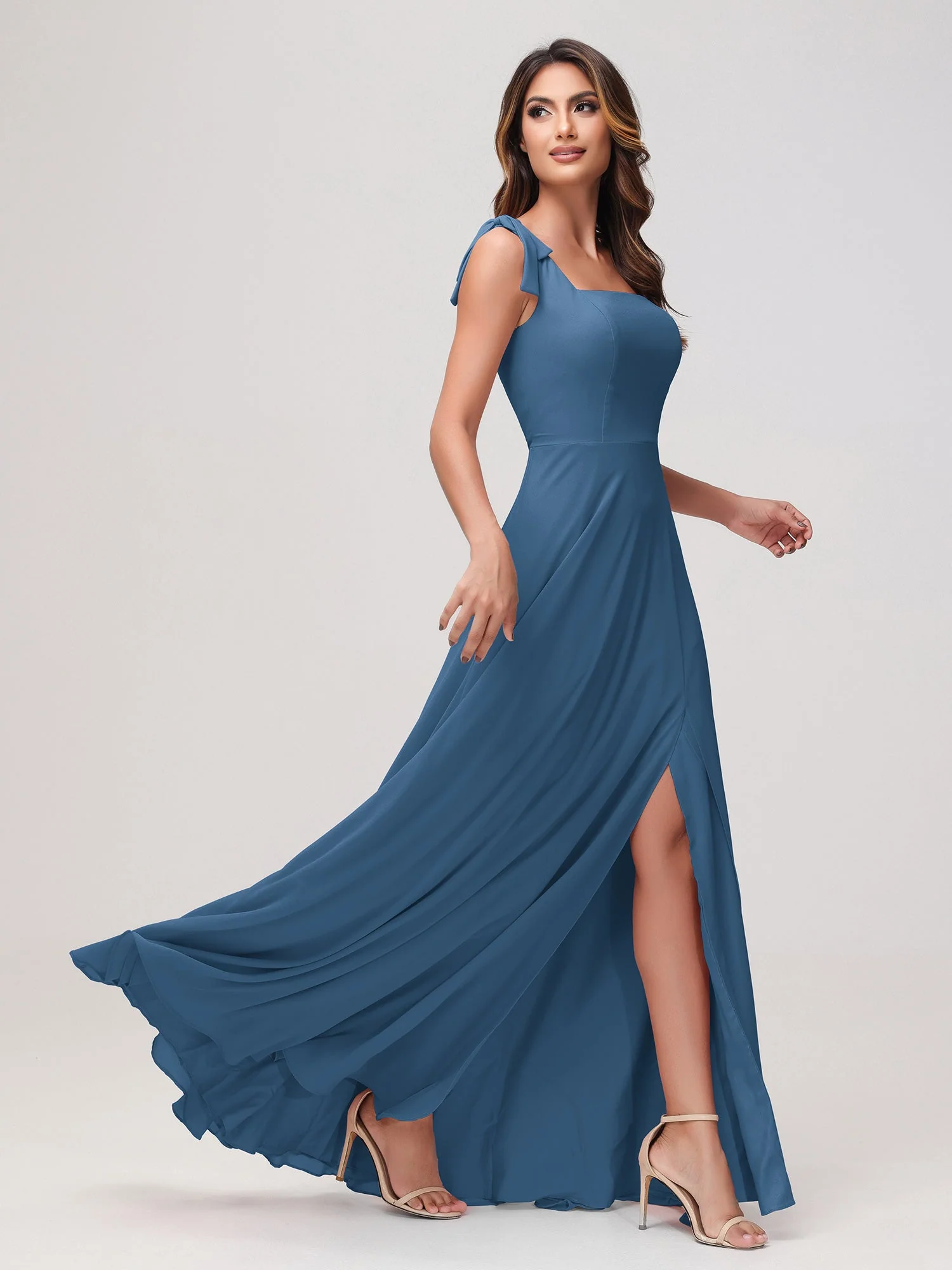 Quadratischer Ausschnitt Ärmellos Bodenlang Chiffon Kleid Schiefer Blau - Image 3