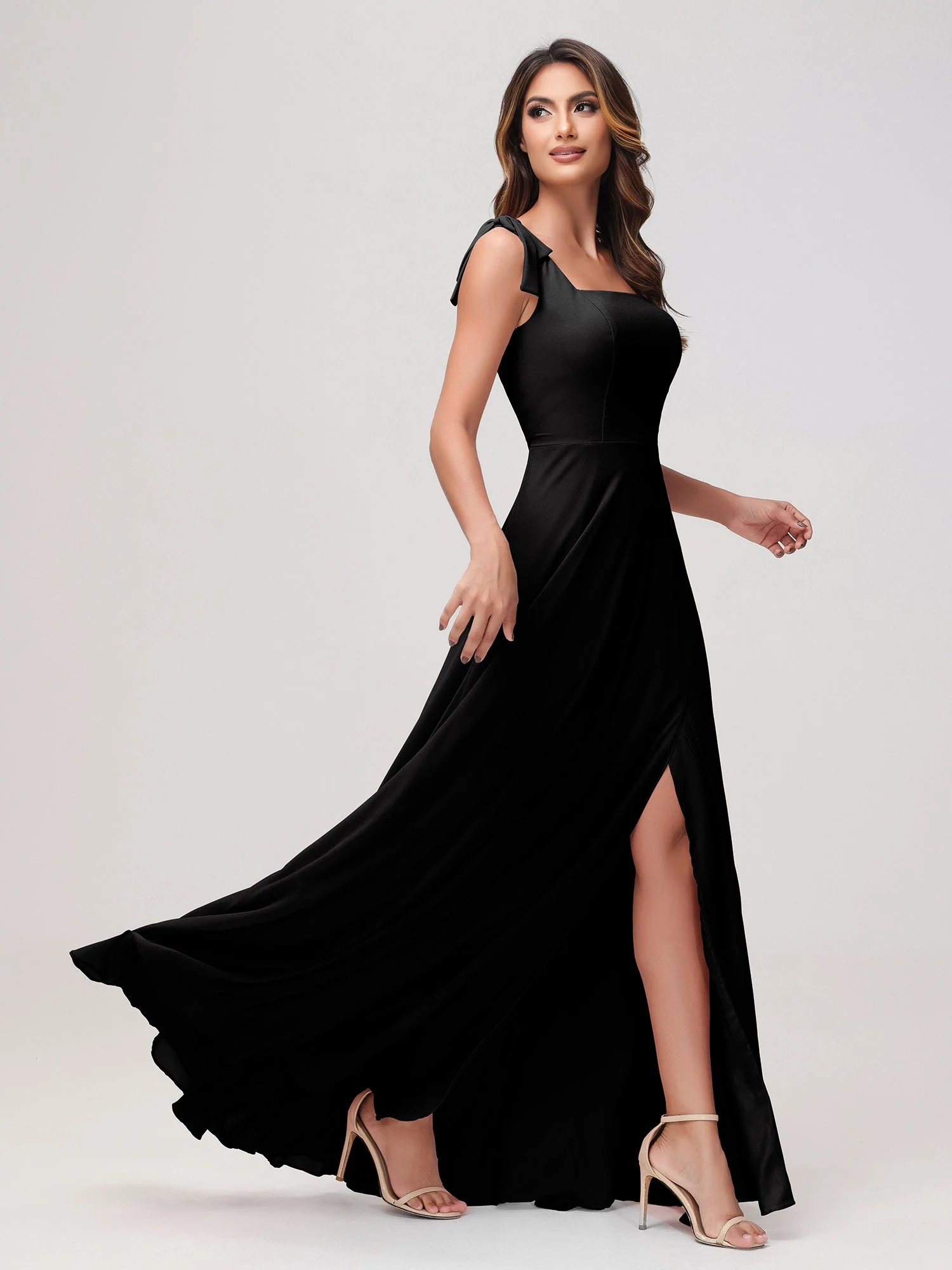 Quadratischer Ausschnitt Ärmellos Bodenlang Chiffon Kleid Schwarz - Image 3