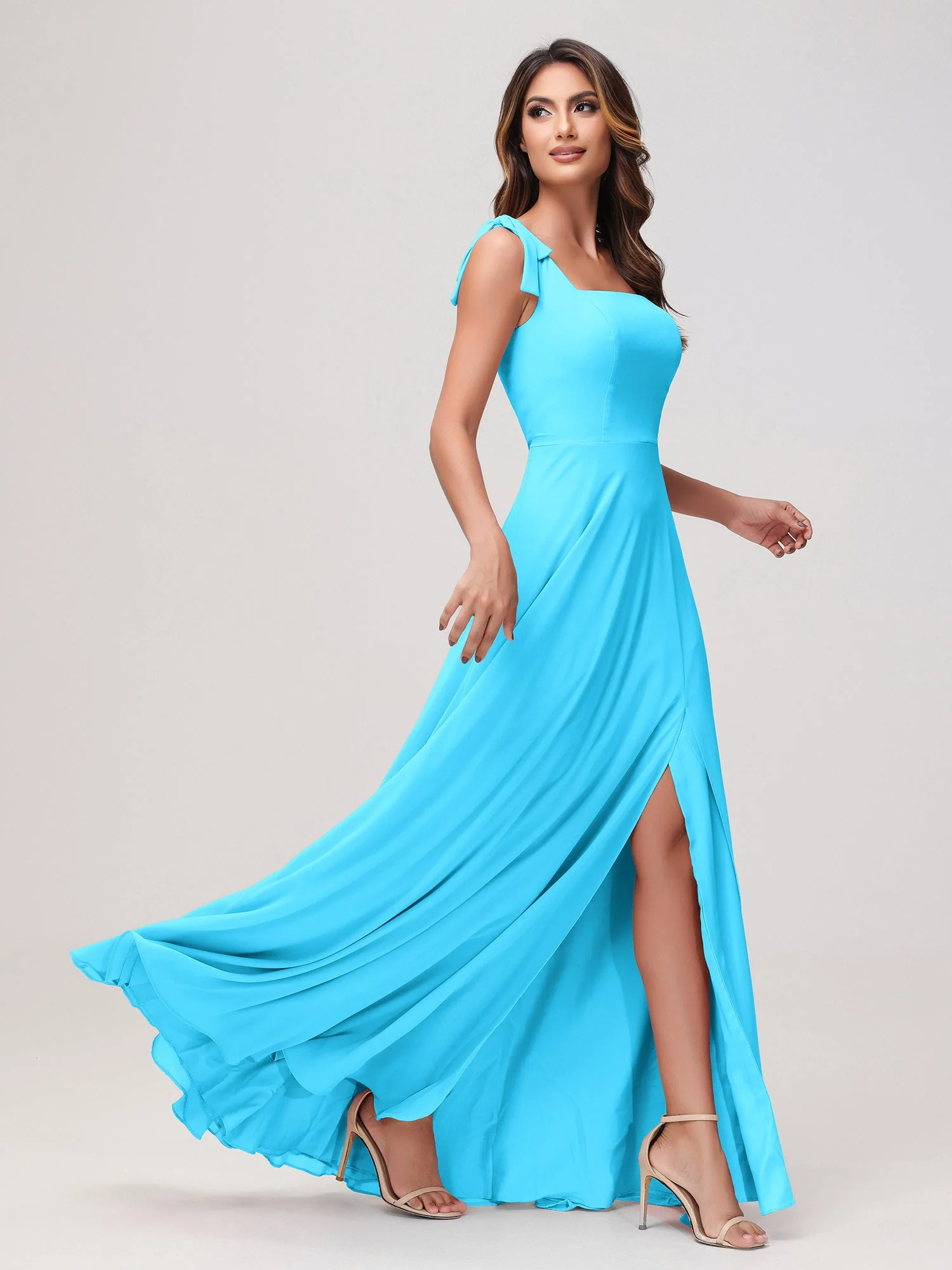 Quadratischer Ausschnitt Ärmellos Bodenlang Chiffon Kleid Schwimmbadblau - Image 3