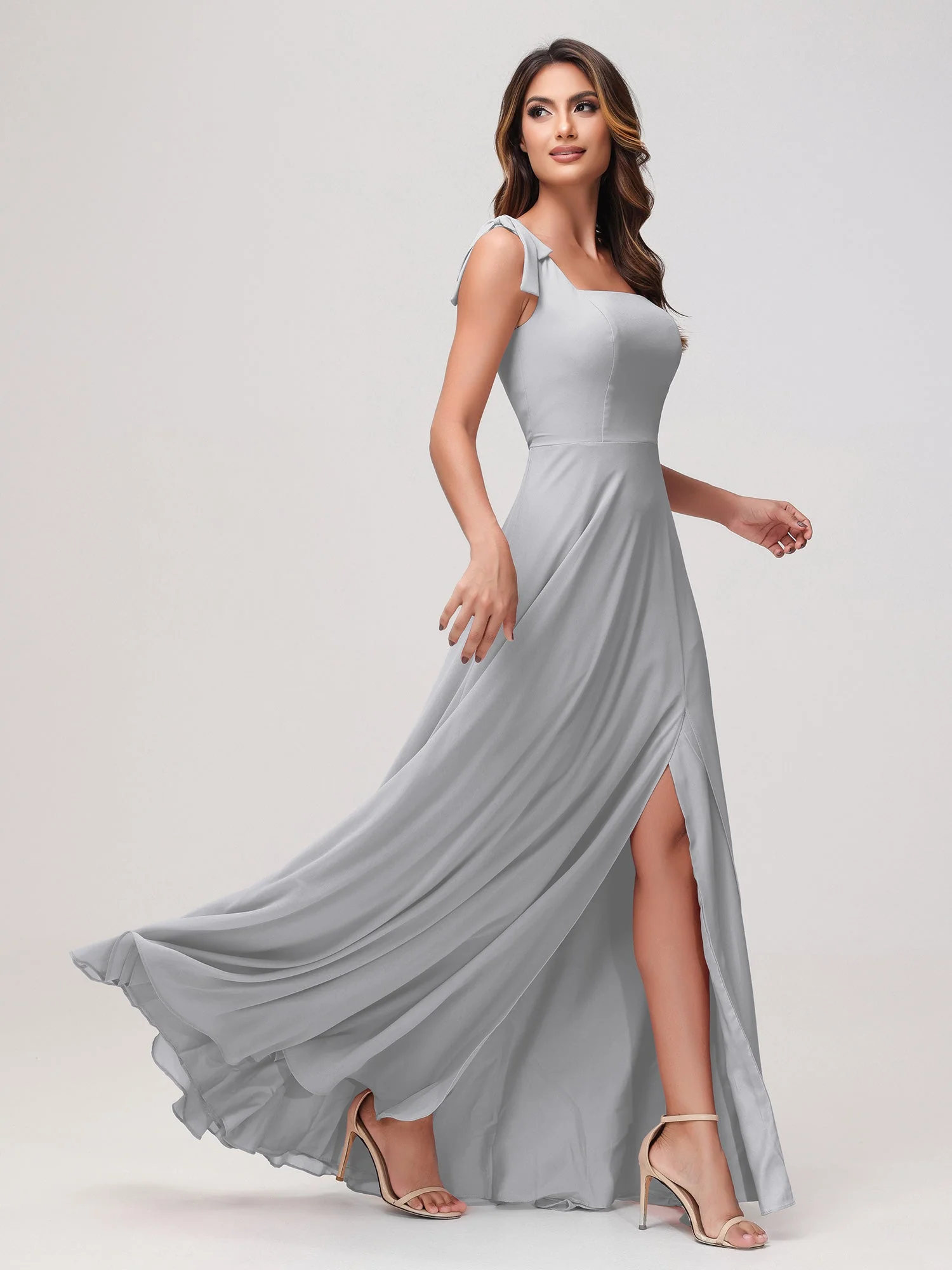 Quadratischer Ausschnitt Ärmellos Bodenlang Chiffon Kleid Silber - Image 3
