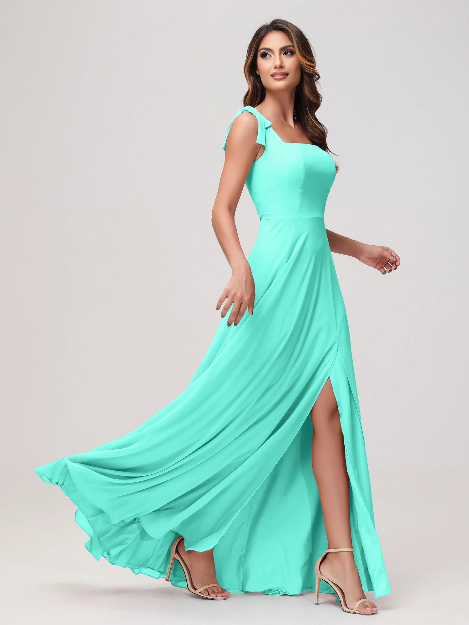 Quadratischer Ausschnitt Ärmellos Bodenlang Chiffon Kleid Spa - Image 3