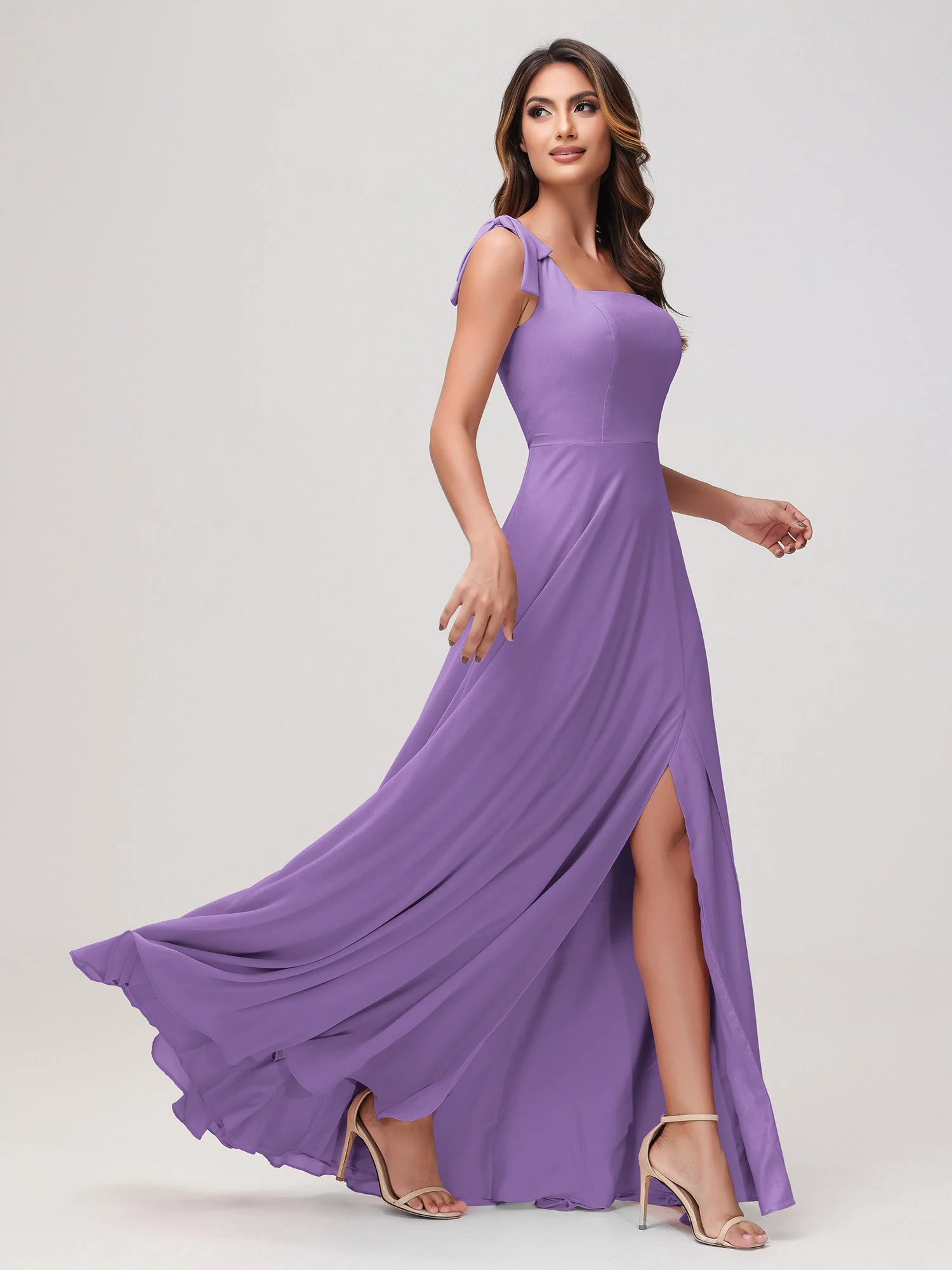 Quadratischer Ausschnitt Ärmellos Bodenlang Chiffon Kleid Tahiti - Image 3
