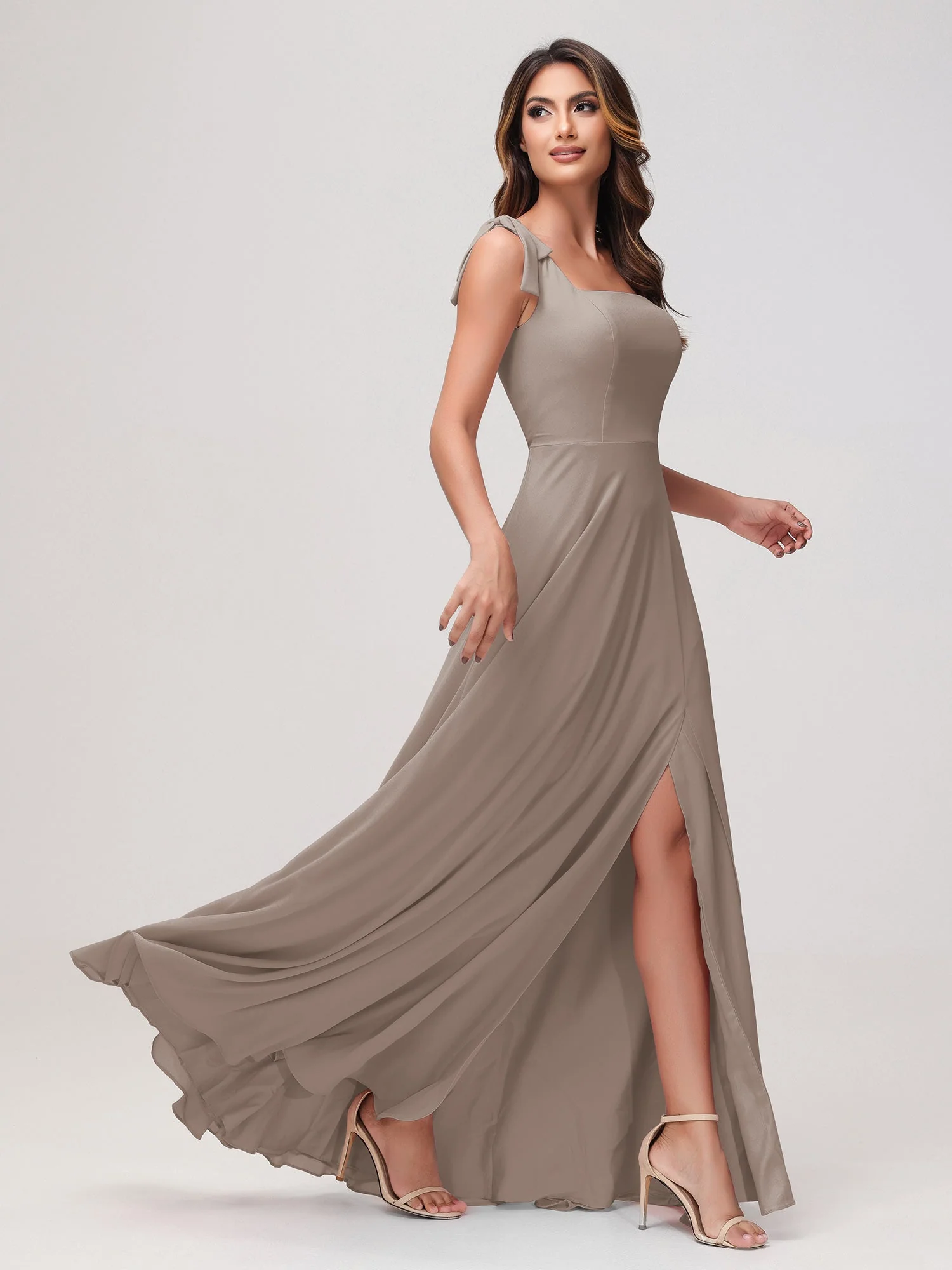 Quadratischer Ausschnitt Ärmellos Bodenlang Chiffon Kleid Taupe - Image 3