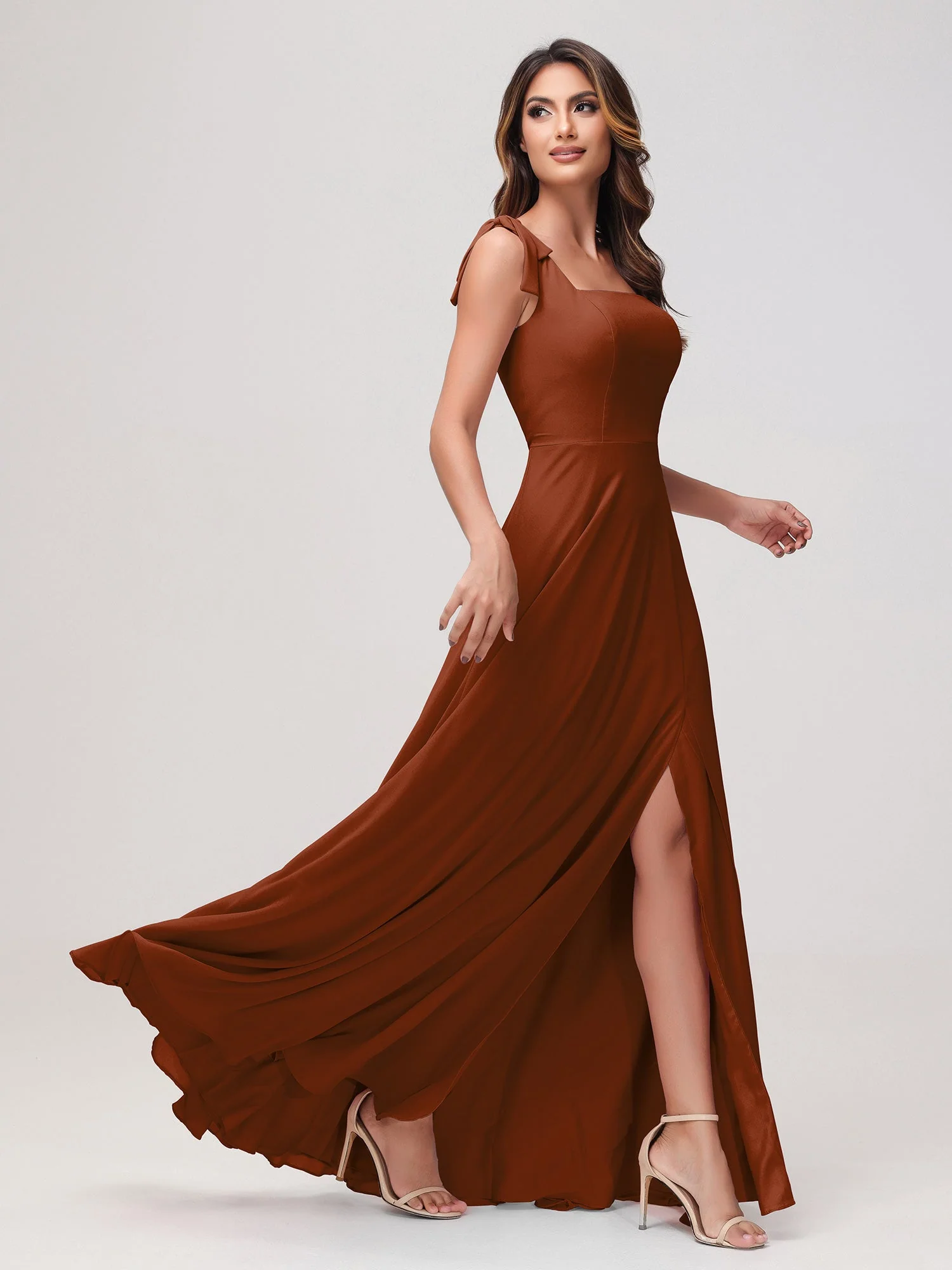 Quadratischer Ausschnitt Ärmellos Bodenlang Chiffon Kleid Terrakotta - Image 3