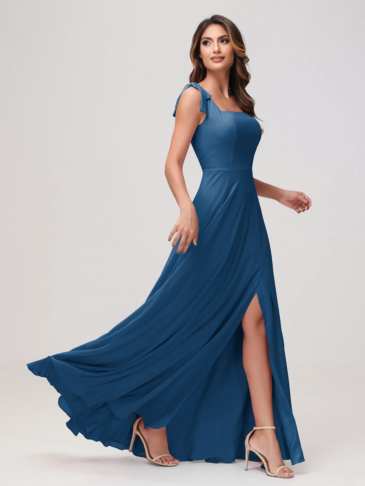 Quadratischer Ausschnitt Ärmellos Bodenlang Chiffon Kleid Tinte Blau - Image 3