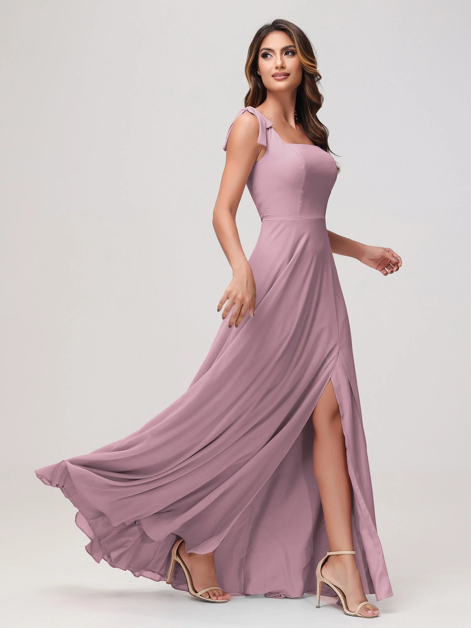 Quadratischer Ausschnitt Ärmellos Bodenlang Chiffon Kleid Vintage Mauve - Image 3
