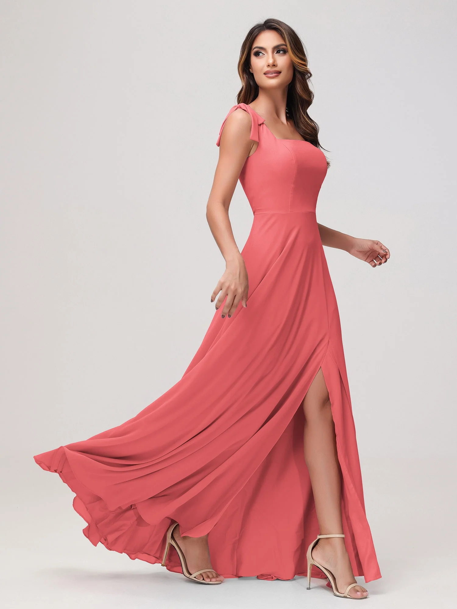 Quadratischer Ausschnitt Ärmellos Bodenlang Chiffon Kleid Wassermelone - Image 3