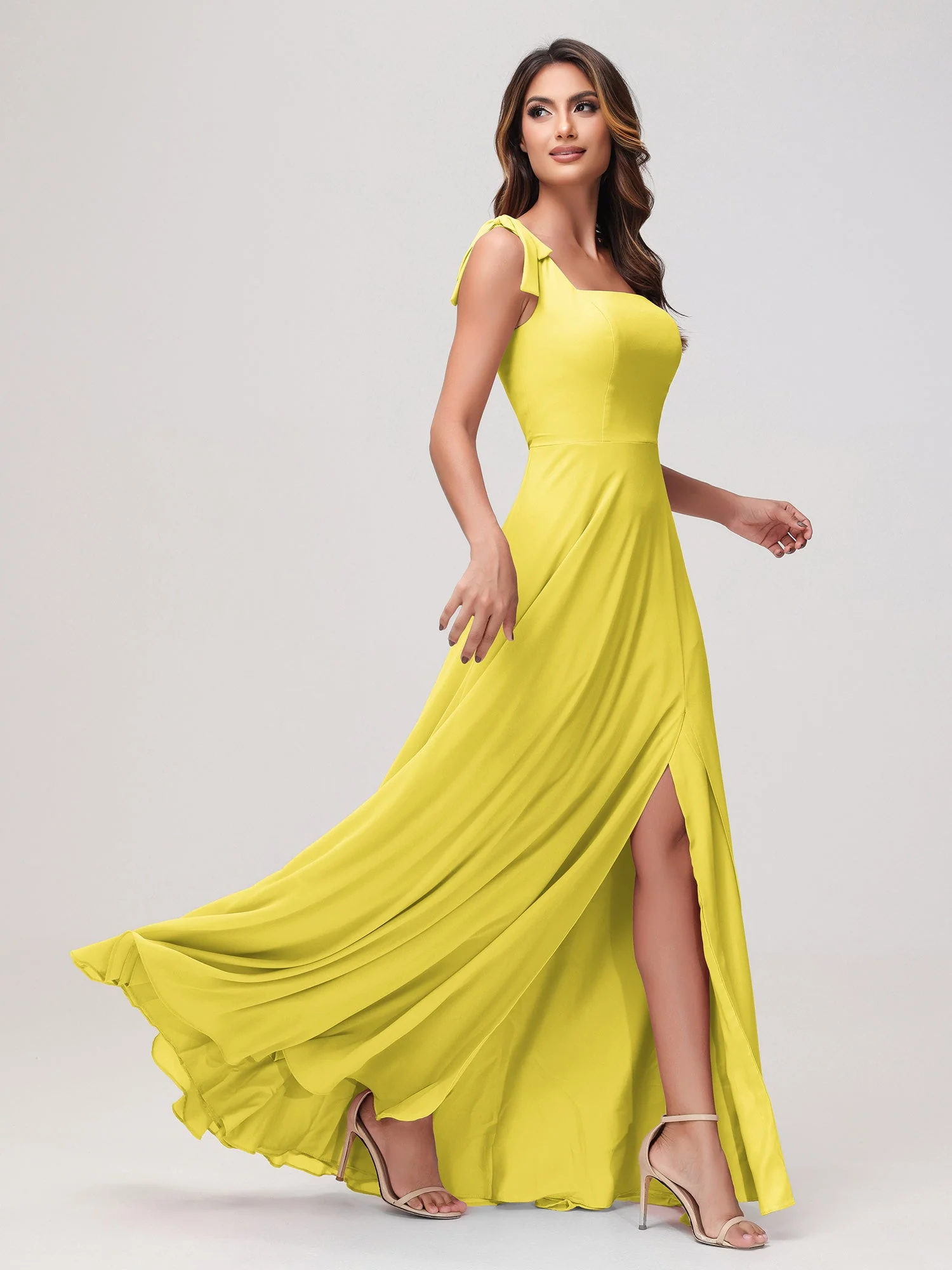 Quadratischer Ausschnitt Ärmellos Bodenlang Chiffon Kleid Zitrone - Image 3