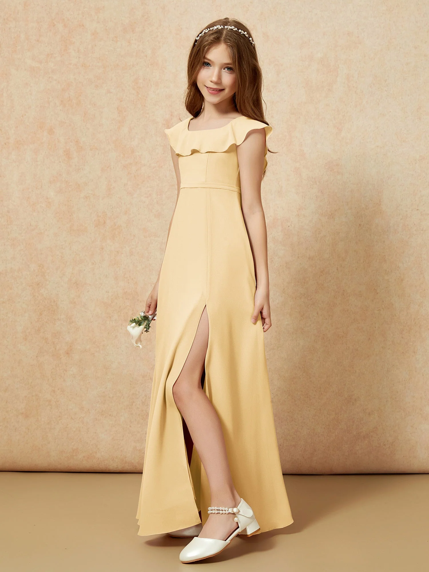 Quadratischer Ausschnitt Chiffon Junge Brautjungfernkleider mit Schlitz Gold - Image 3