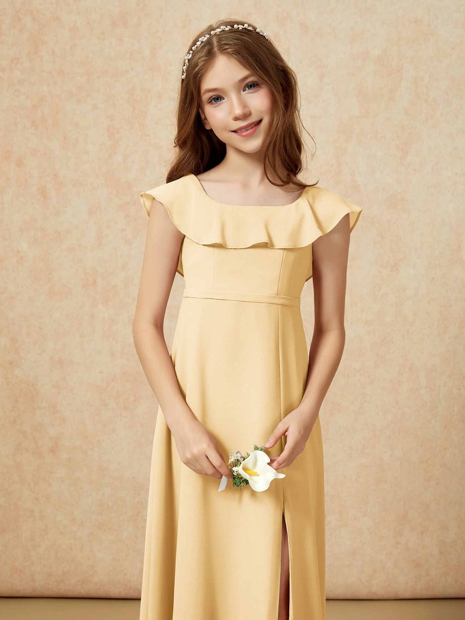 Quadratischer Ausschnitt Chiffon Junge Brautjungfernkleider mit Schlitz Gold - Image 6