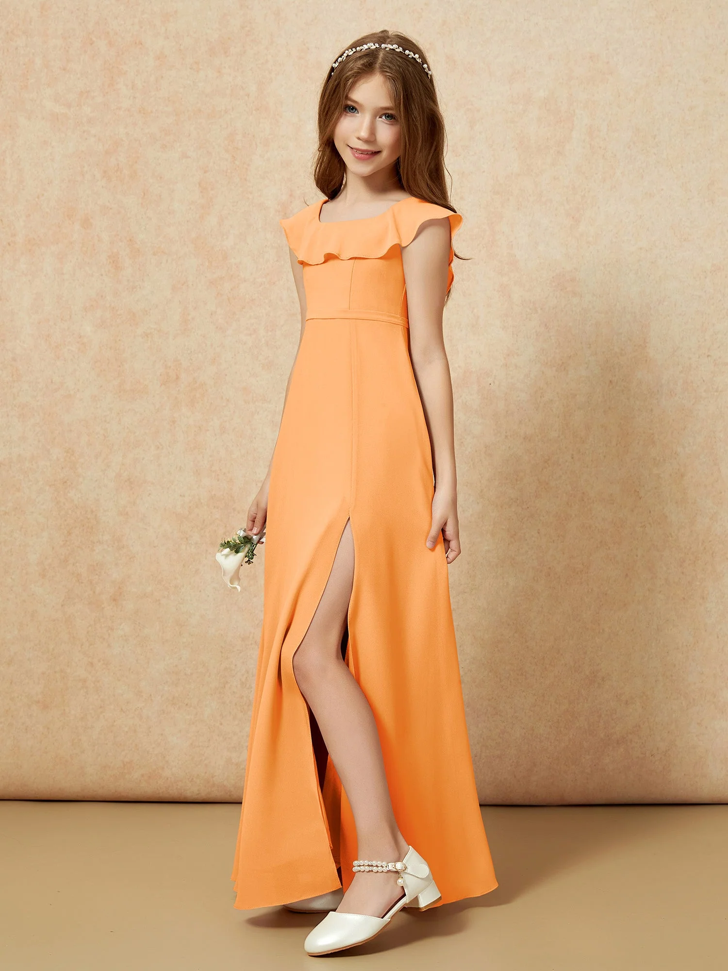 Quadratischer Ausschnitt Chiffon Junge Brautjungfernkleider mit Schlitz Orange - Image 3