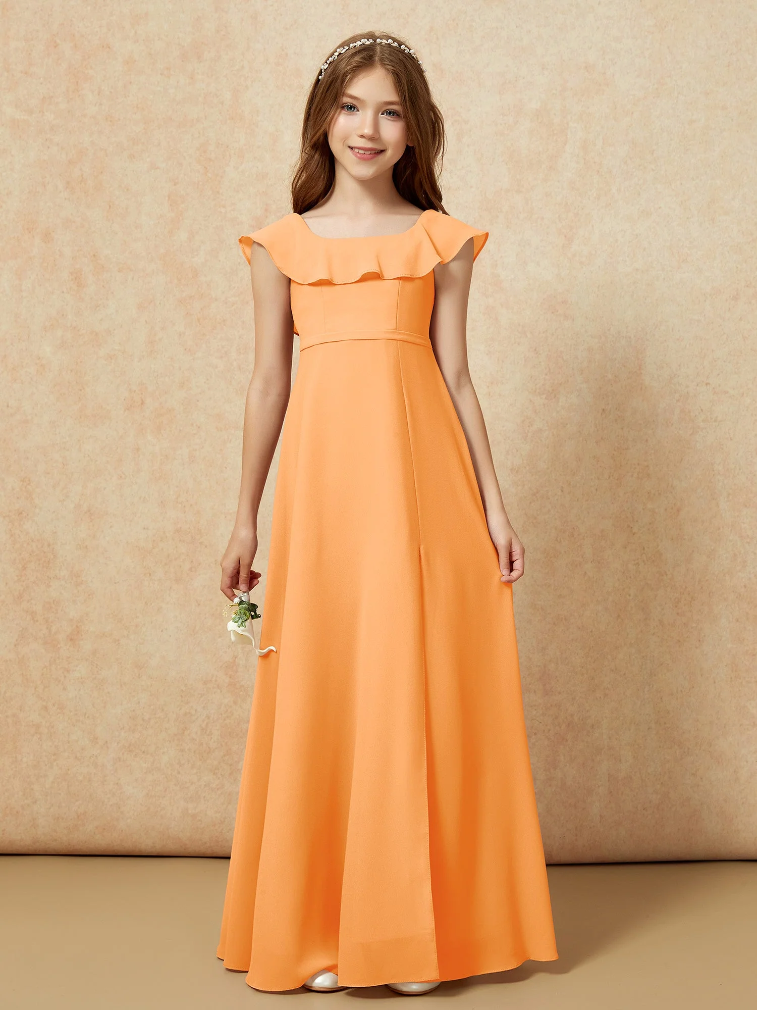 Quadratischer Ausschnitt Chiffon Junge Brautjungfernkleider mit Schlitz Orange - Image 4