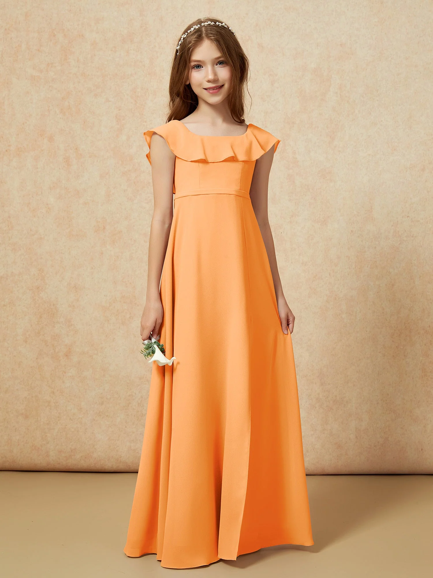 Quadratischer Ausschnitt Chiffon Junge Brautjungfernkleider mit Schlitz Orange - Image 5