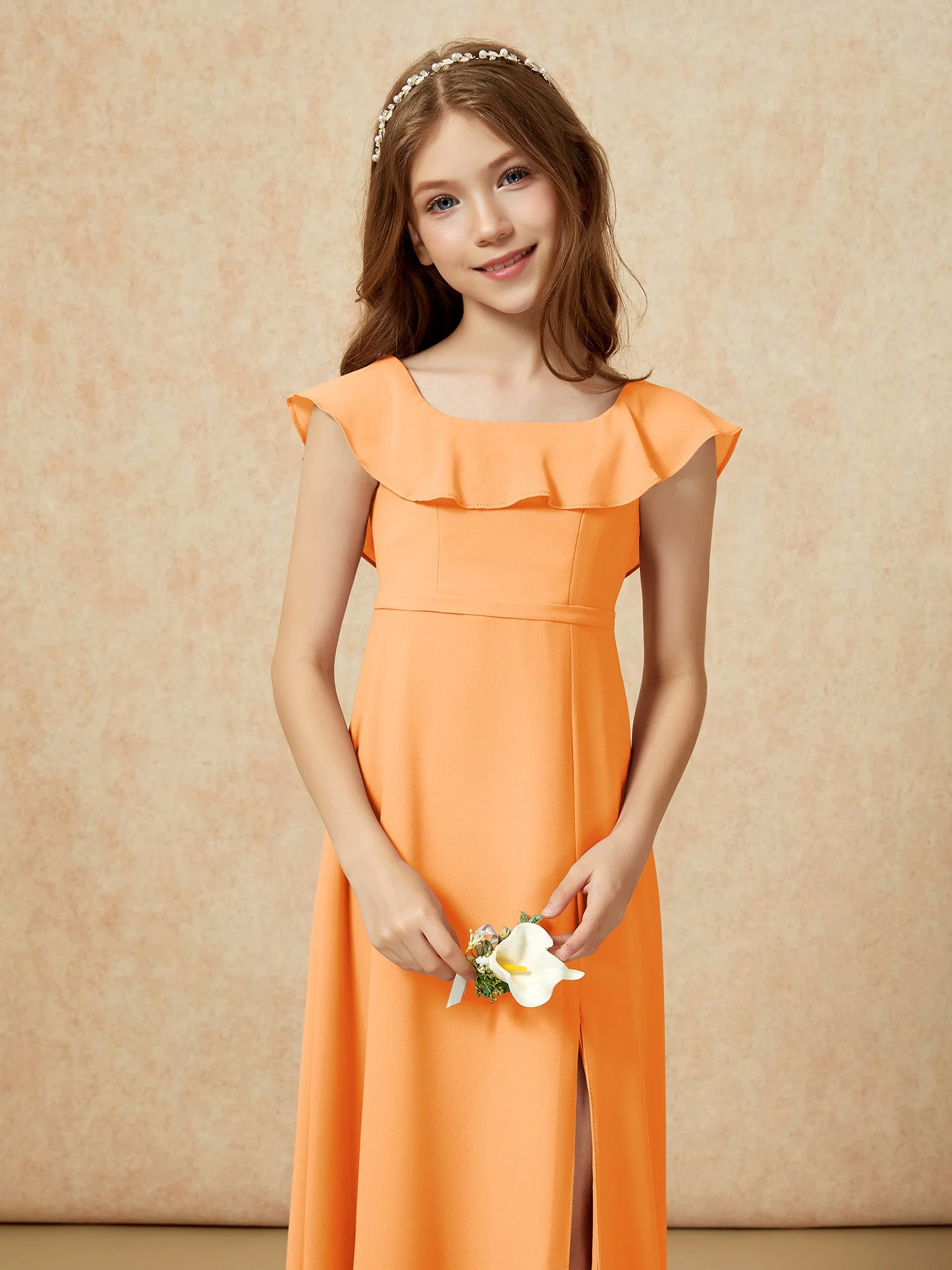 Quadratischer Ausschnitt Chiffon Junge Brautjungfernkleider mit Schlitz Orange - Image 6