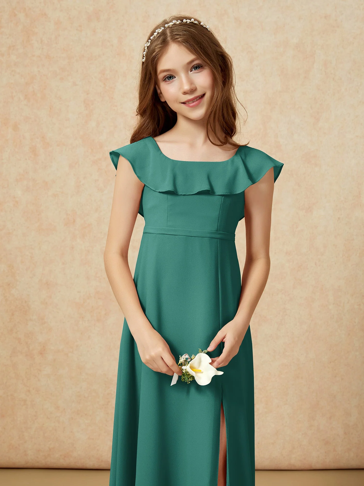 Quadratischer Ausschnitt Chiffon Junge Brautjungfernkleider mit Schlitz Pfau - Image 6