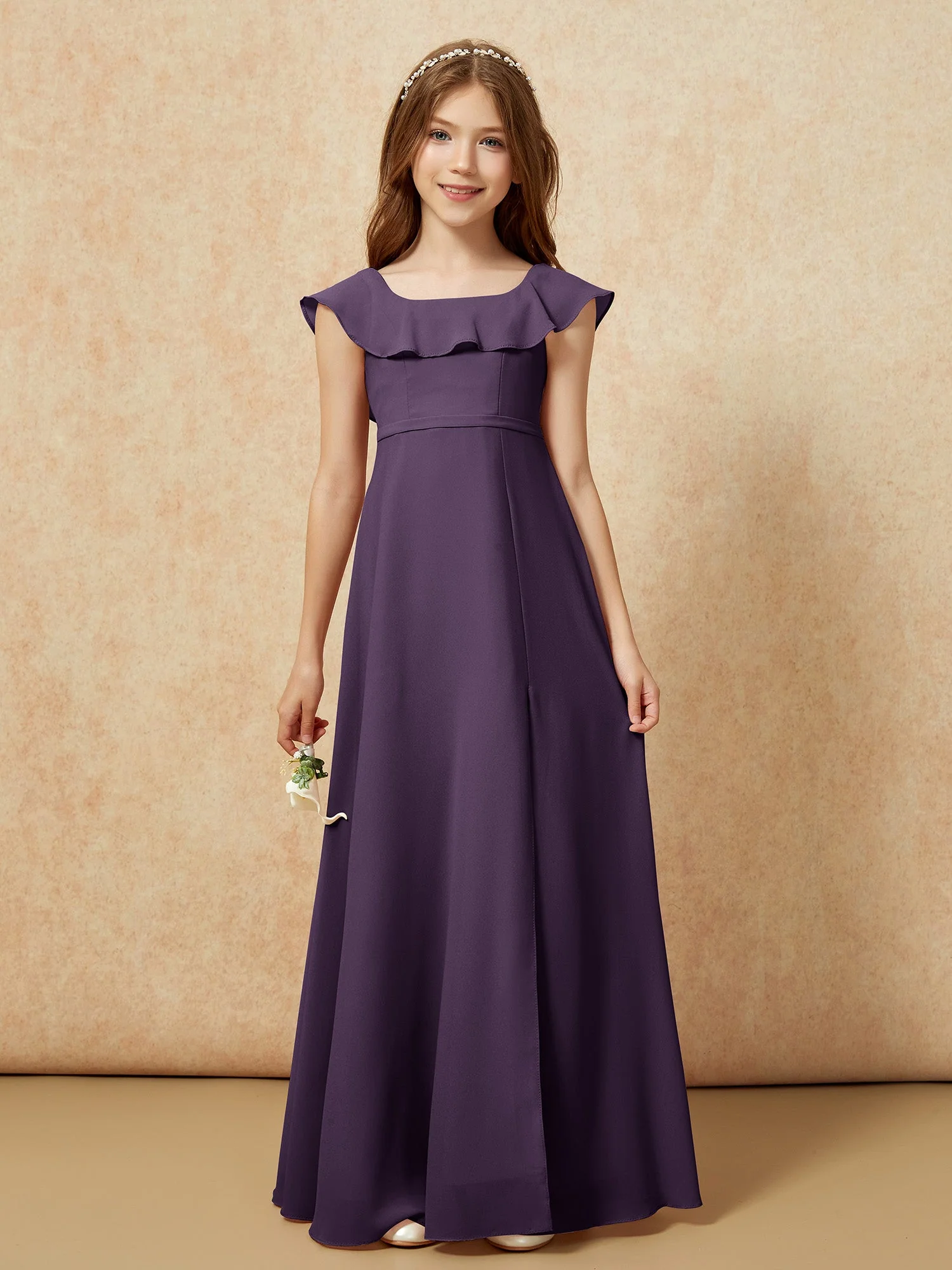 Quadratischer Ausschnitt Chiffon Junge Brautjungfernkleider mit Schlitz Plum - Image 4