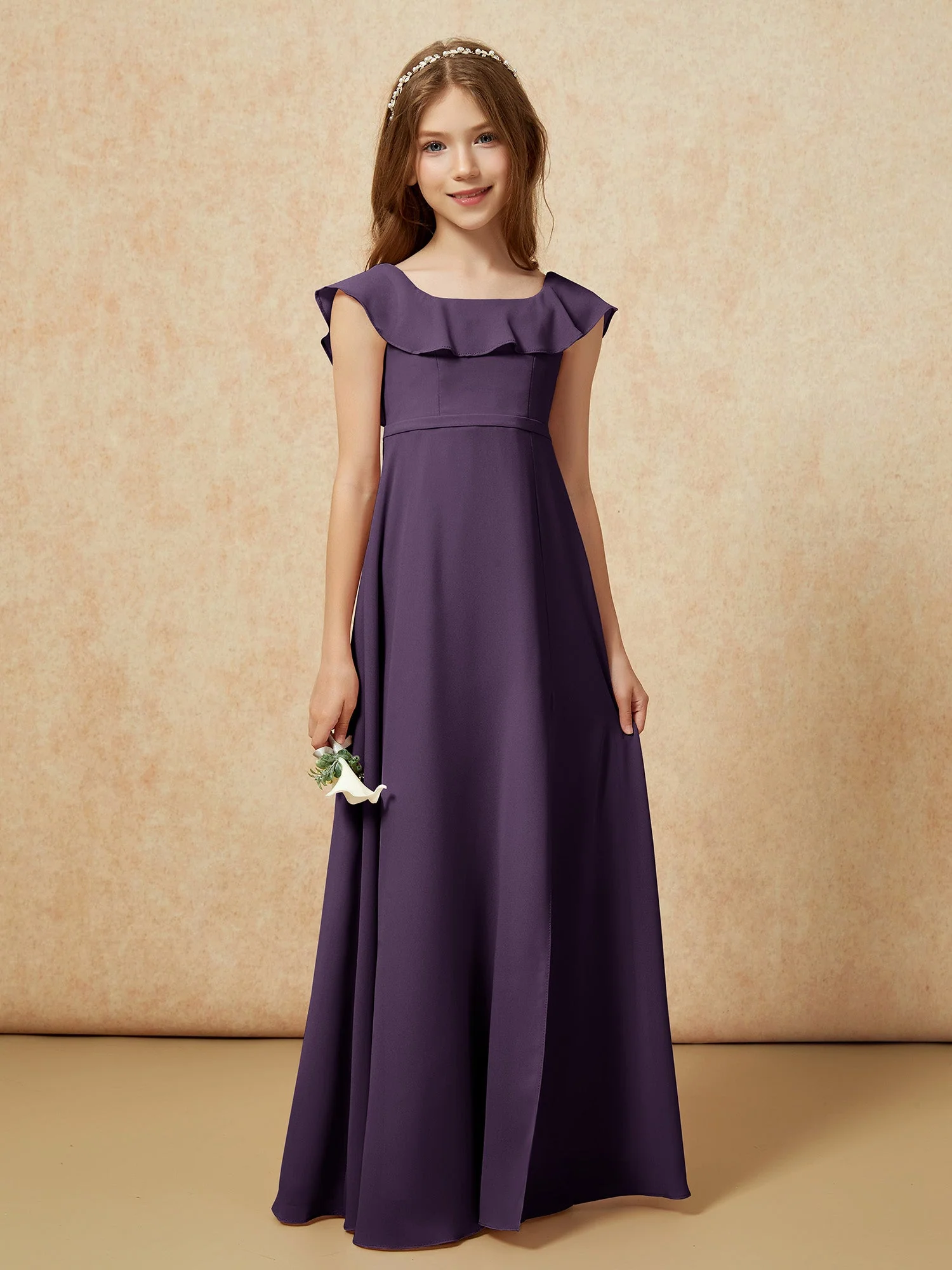 Quadratischer Ausschnitt Chiffon Junge Brautjungfernkleider mit Schlitz Plum - Image 5