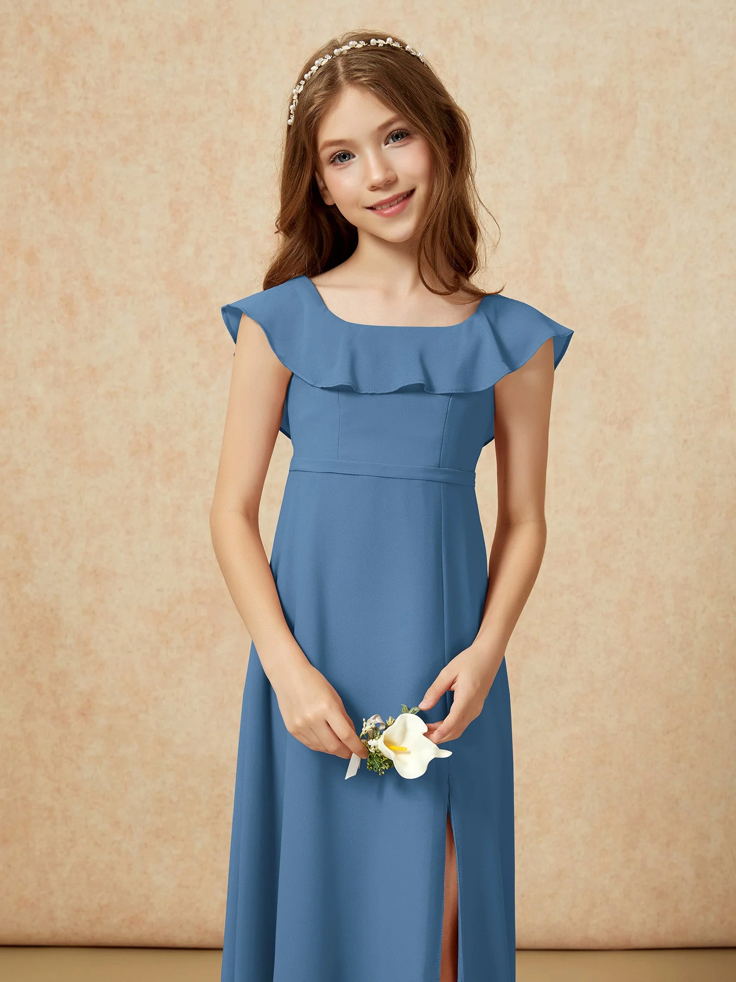 Quadratischer Ausschnitt Chiffon Junge Brautjungfernkleider mit Schlitz Schiefer Blau - Image 6