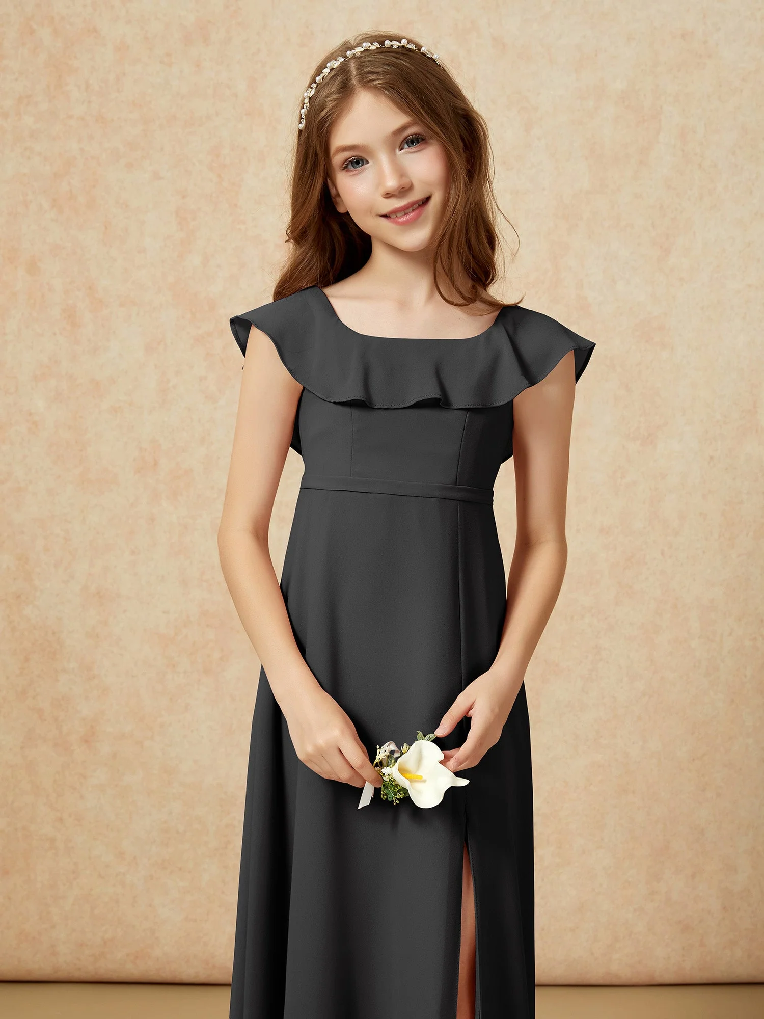 Quadratischer Ausschnitt Chiffon Junge Brautjungfernkleider mit Schlitz Schwarz - Image 6
