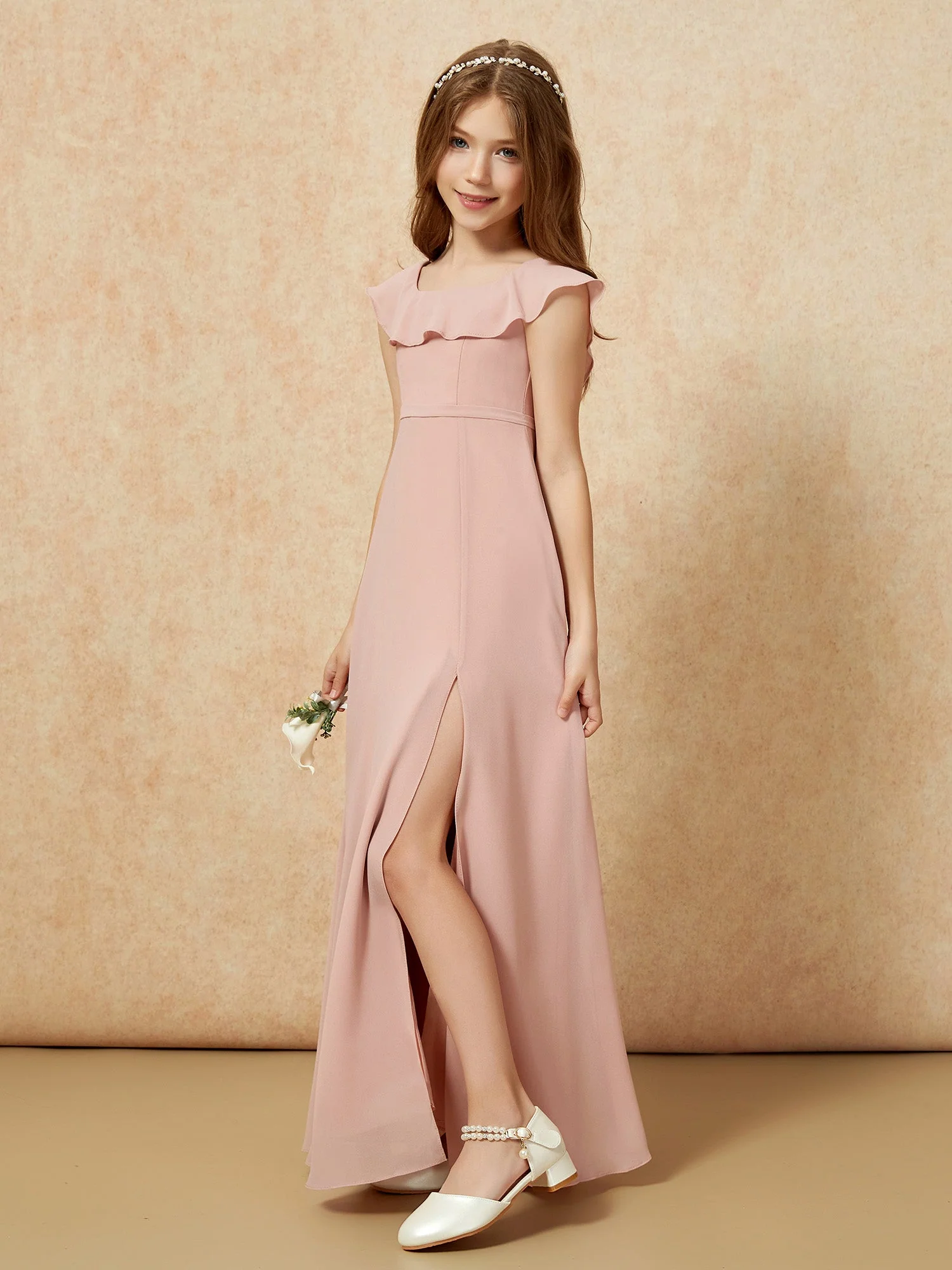 Quadratischer Ausschnitt Chiffon Junge Brautjungfernkleider mit Schlitz Staubige Rosa - Image 3