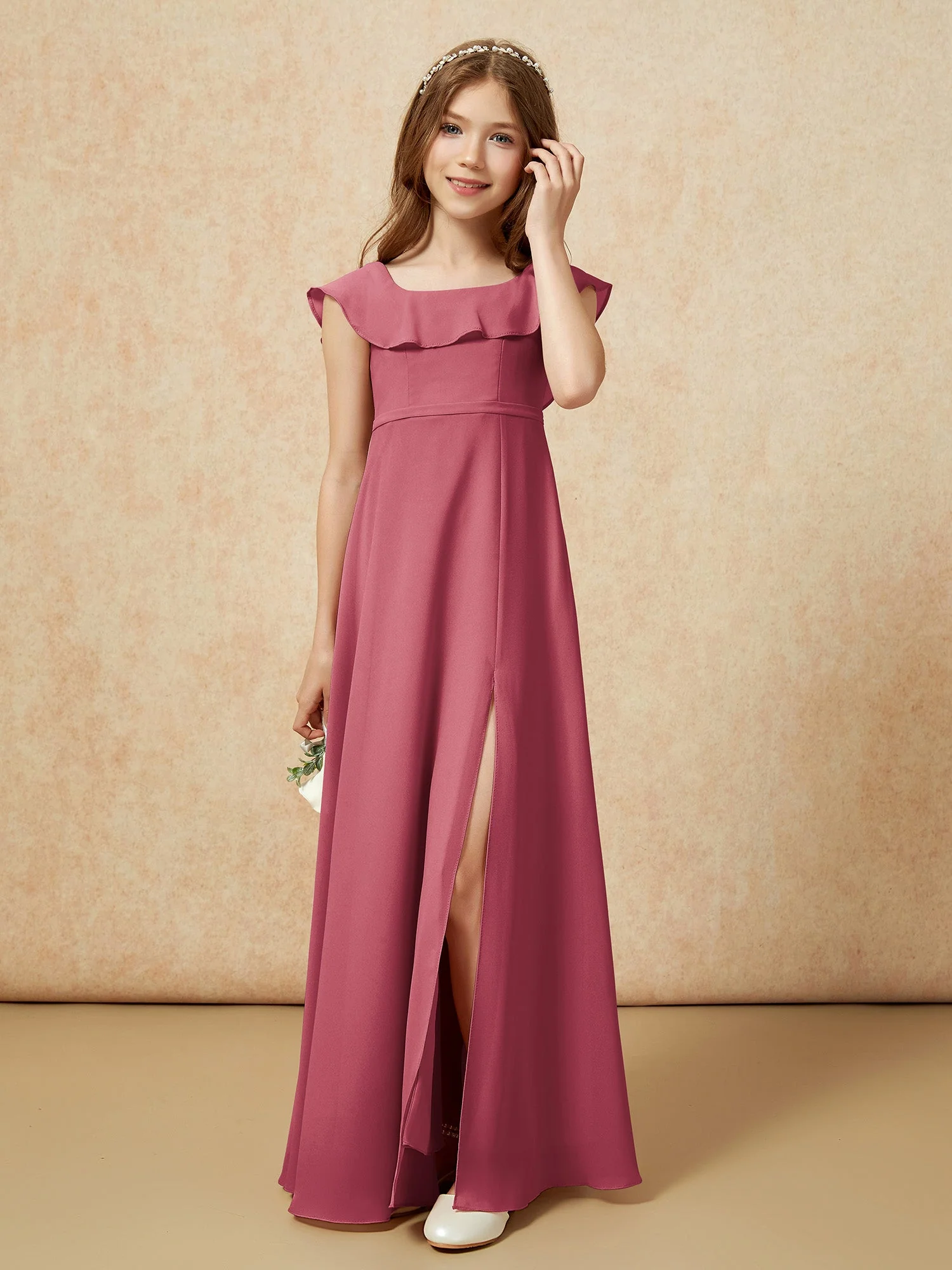 Quadratischer Ausschnitt Chiffon Junge Brautjungfernkleider mit Schlitz Zimtrose