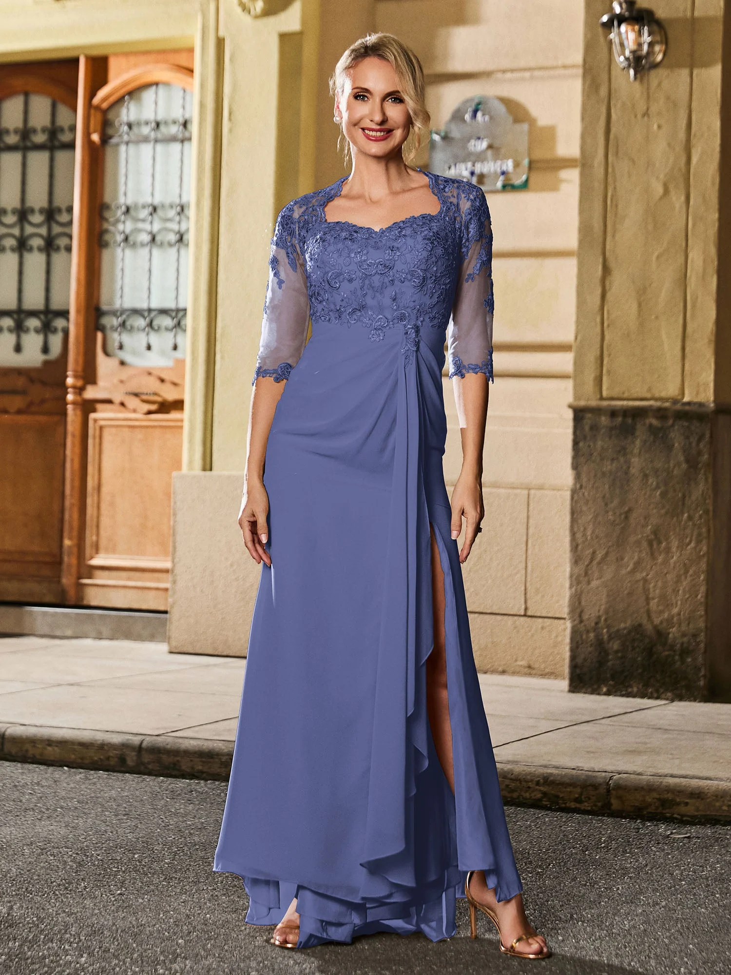 Quadratischer Ausschnitt Halbarm Schmal Lang Kleid mit Schlitz Periwinkleblau