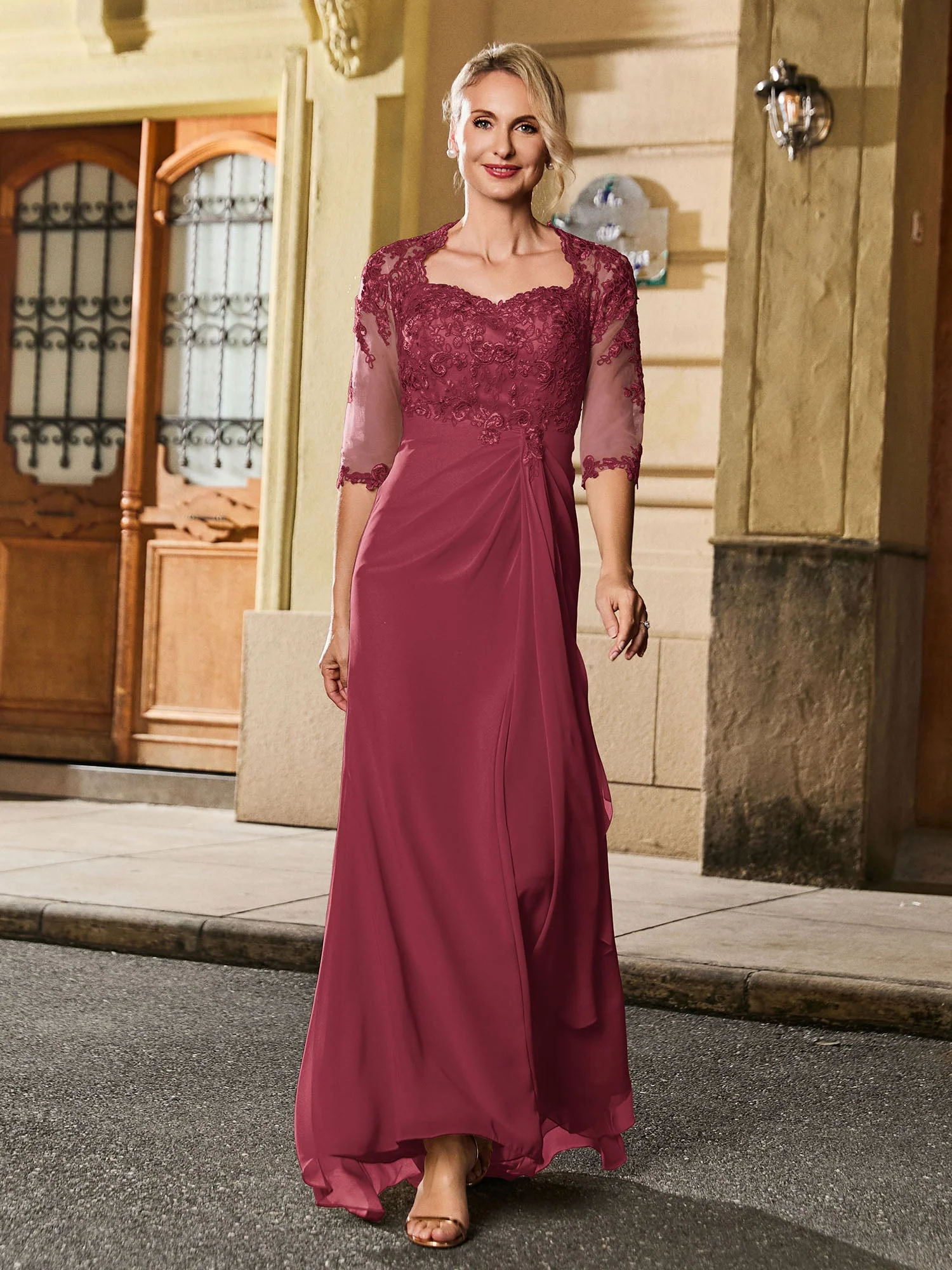 Quadratischer Ausschnitt Halbarm Schmal Lang Kleid mit Schlitz Zimtrose - Image 3