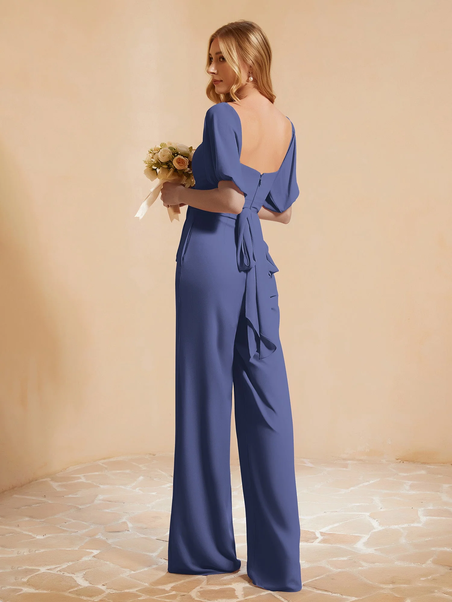 Quadratischer Ausschnitt Halbe Ärmel Jumpsuit Periwinkleblau - Image 2