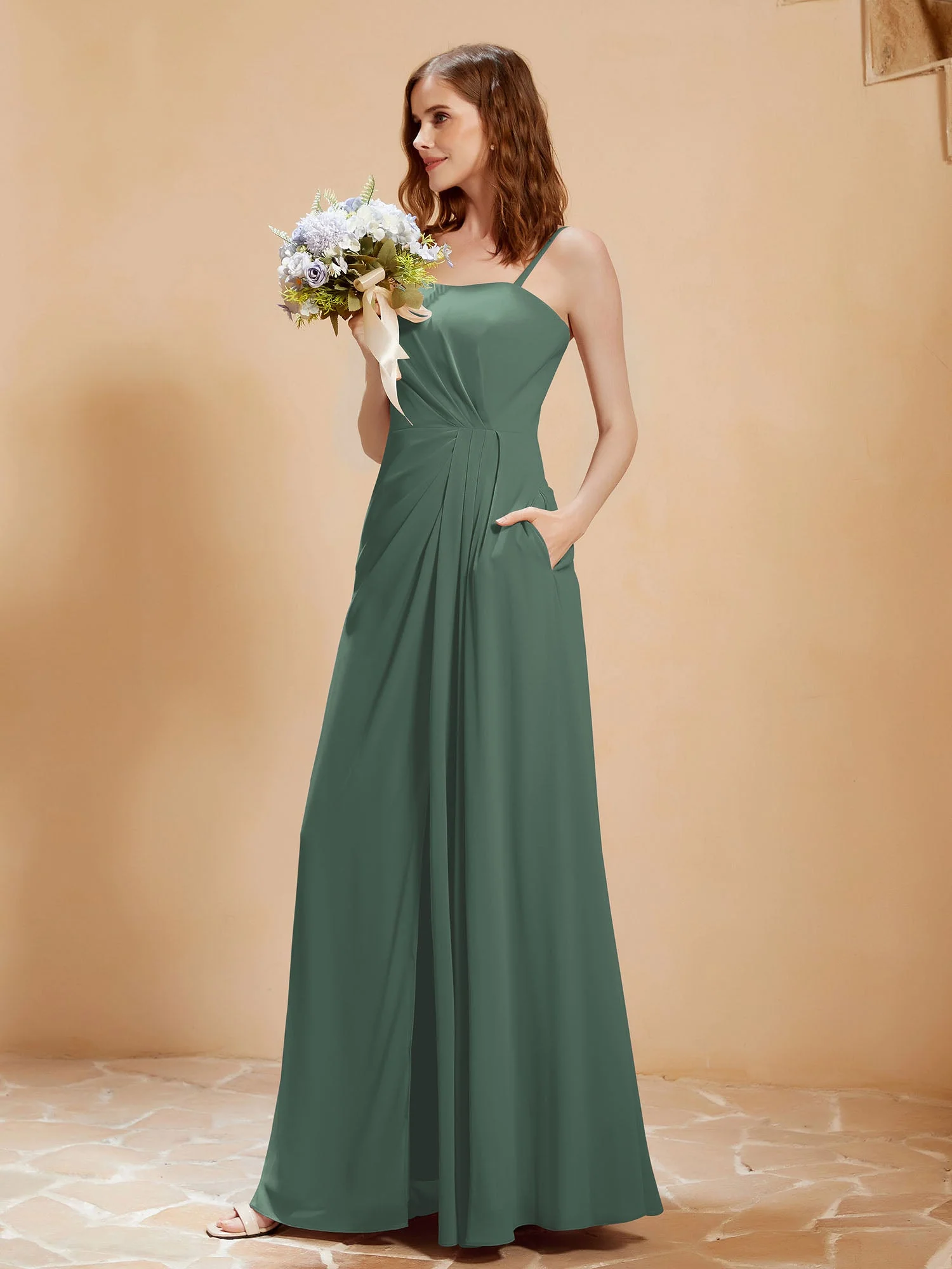 Quadratischer Ausschnitt Kleid mit Tasche Eukalyptus