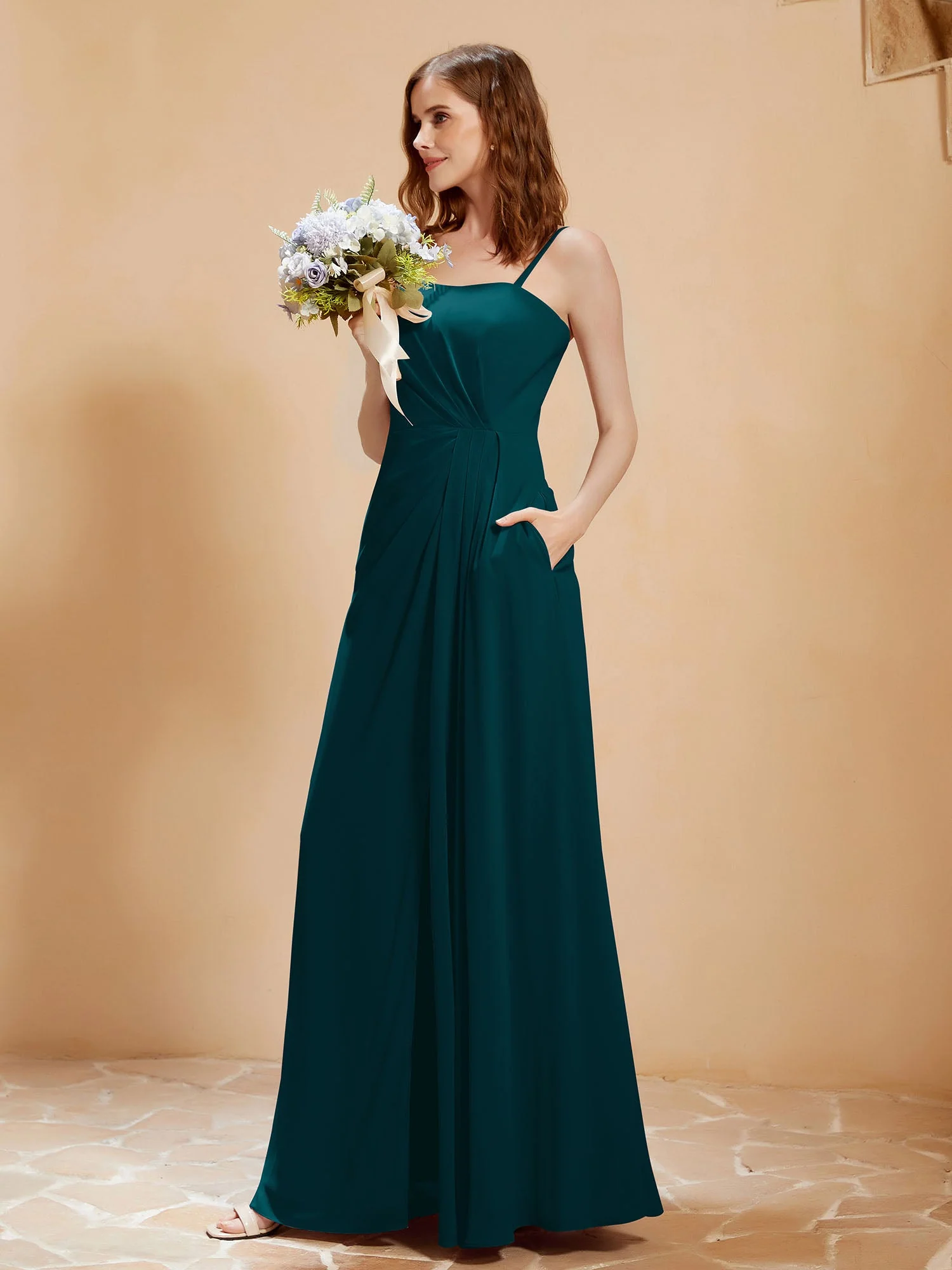 Quadratischer Ausschnitt Kleid mit Tasche Kieferngrün